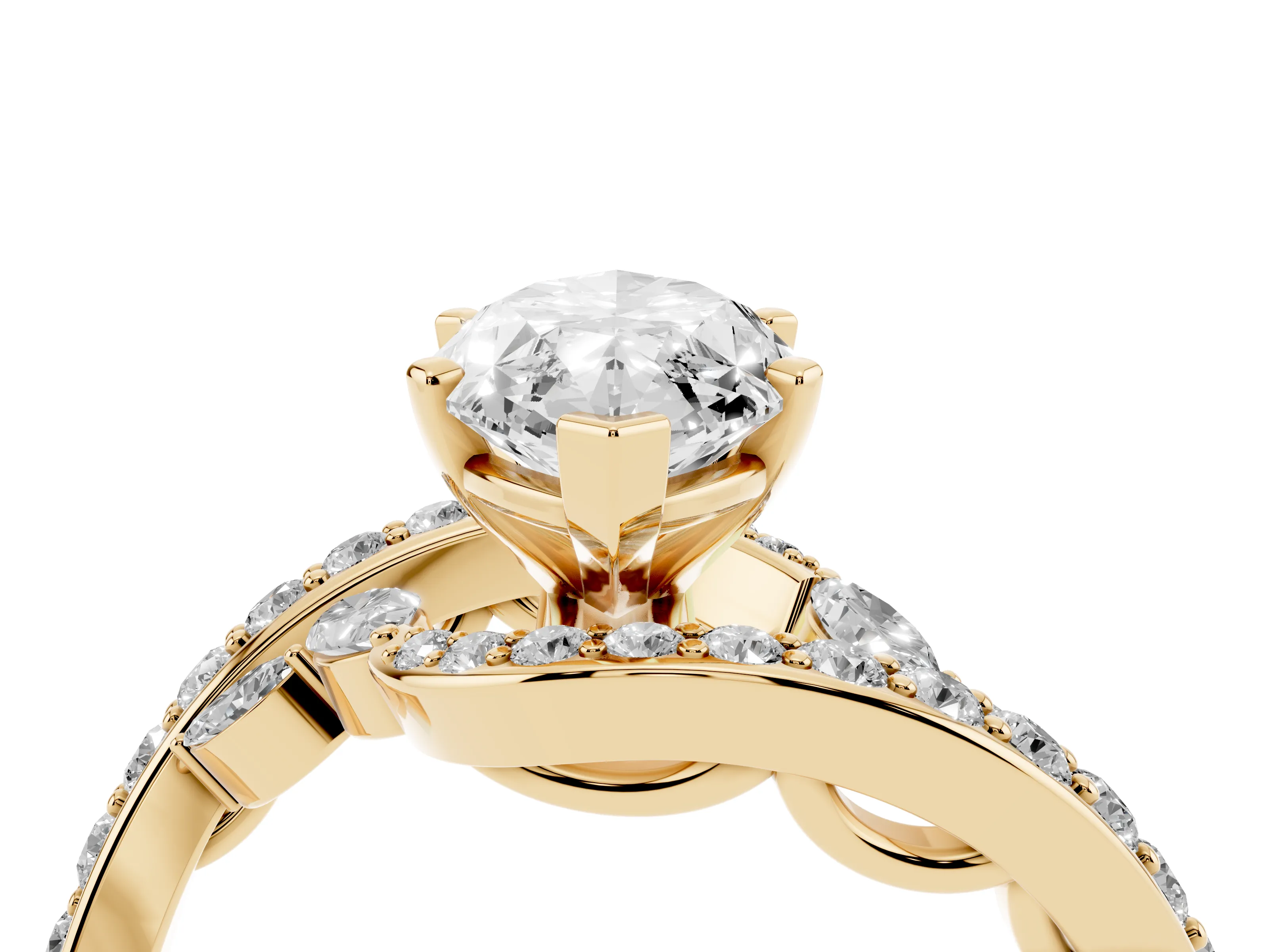 Marquise Cut Diamond Solitaire Ring Set in Yellow gold with Pavé Twist Band and Secure Prong Setting