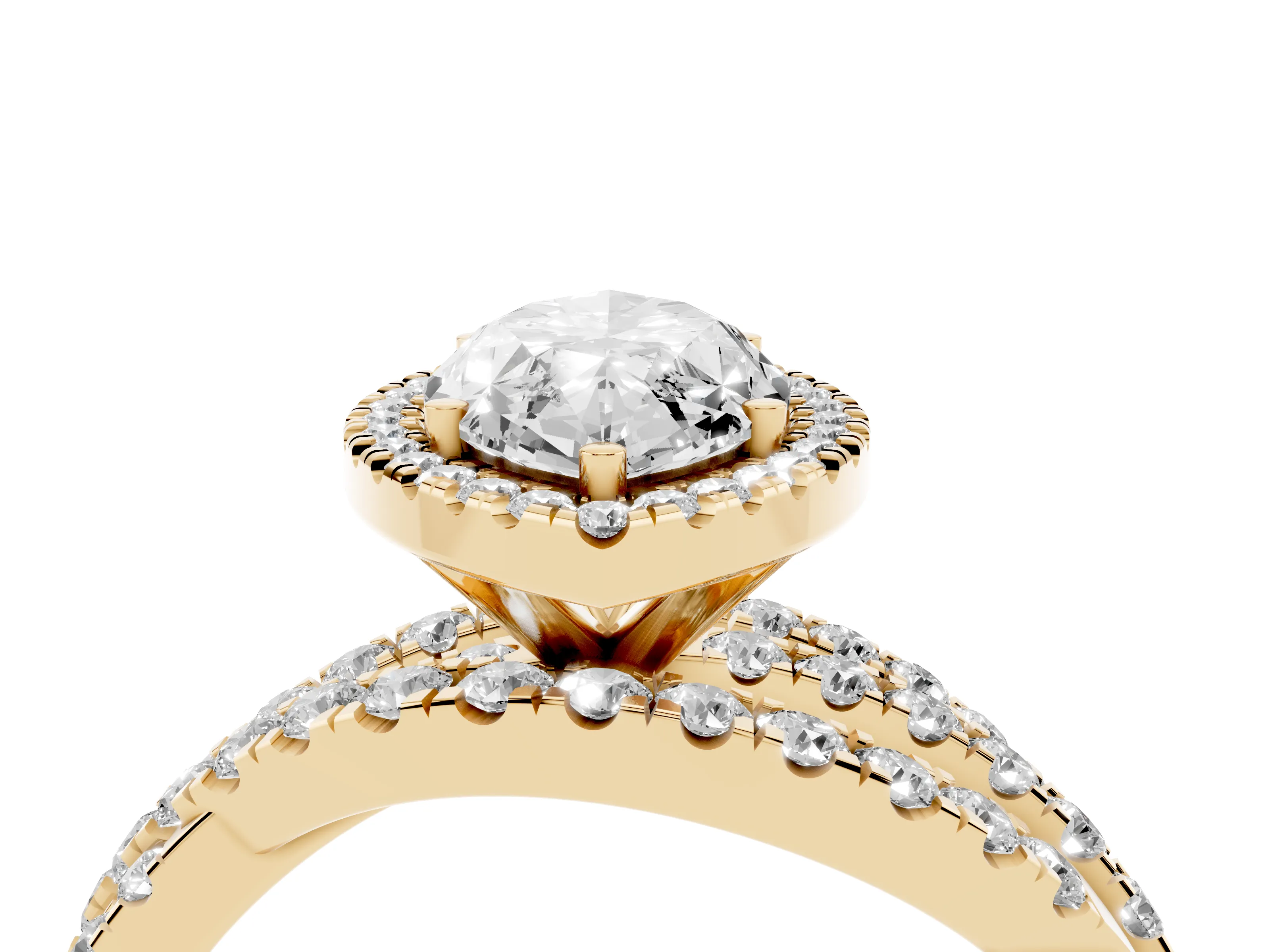 Marquise Cut Diamond Halo Ring Set in Yellow gold with Round Crossover Split Shank and Prong Setting