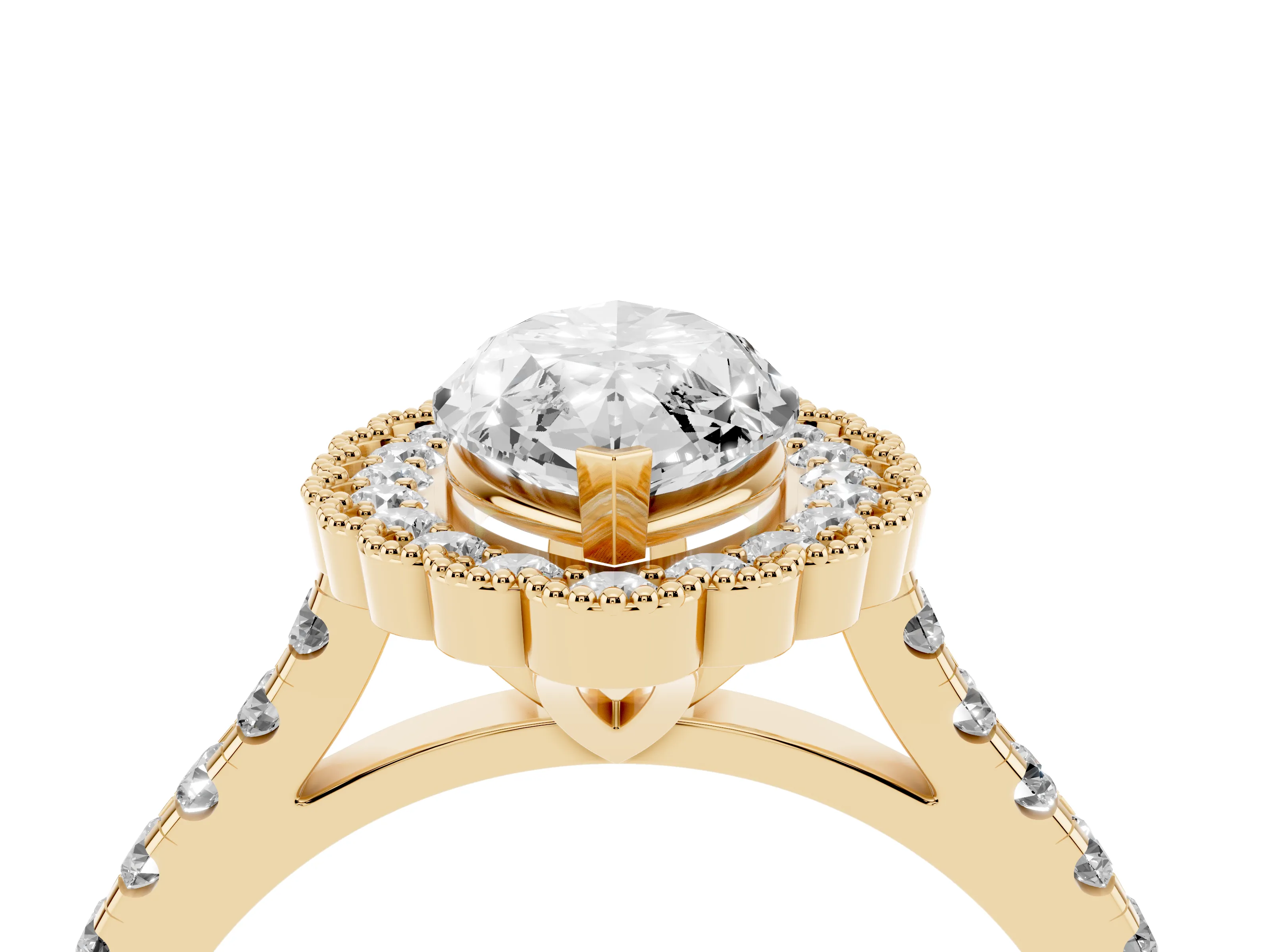 Marquise Cut Diamond Milgrain Floral Halo Engagement Ring Set in Yellow gold with Pavé Band