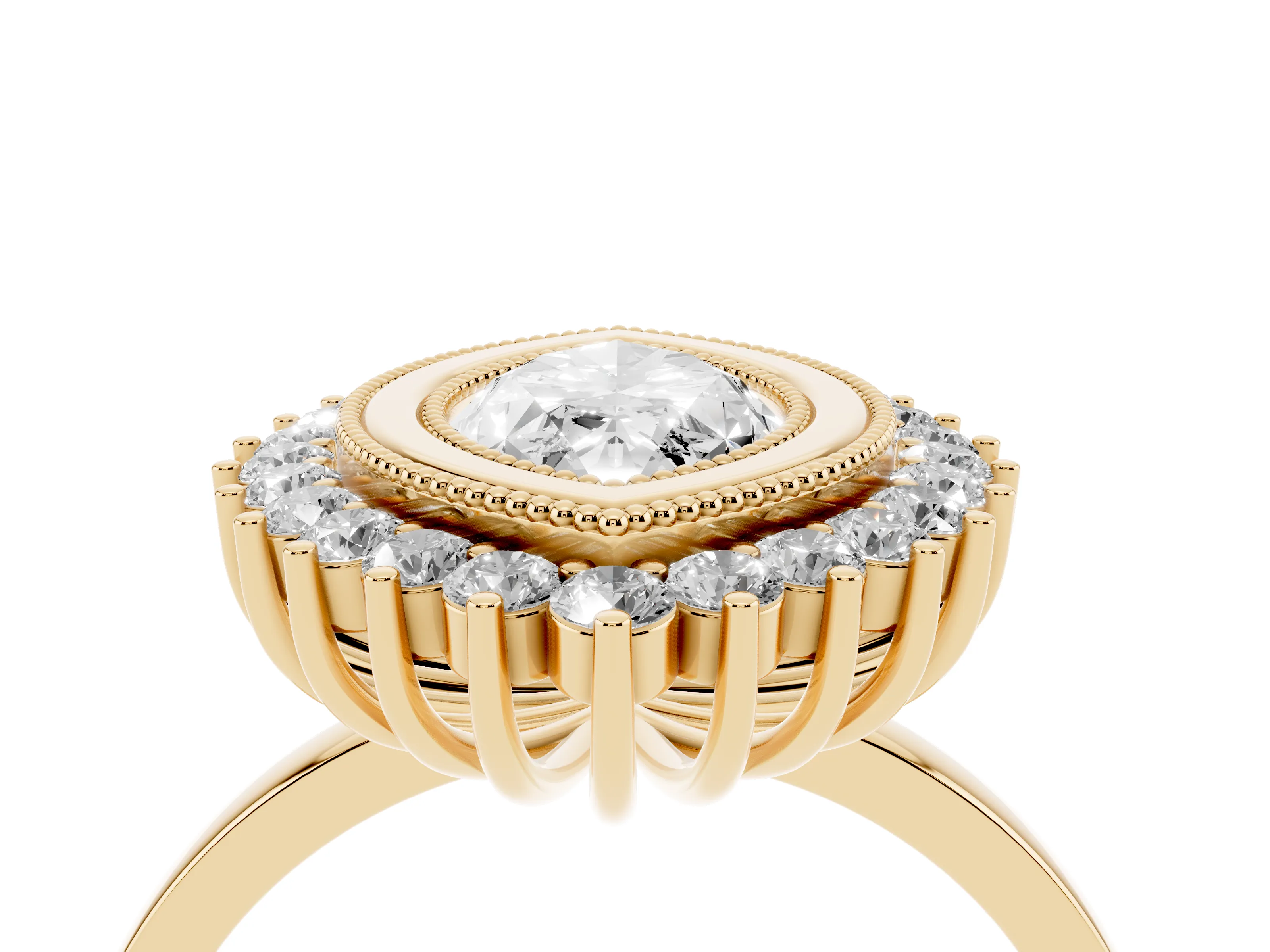 Marquise Cut Diamond Halo Ring Set in Yellow gold with Milgrain Edge and Round Prong Setting