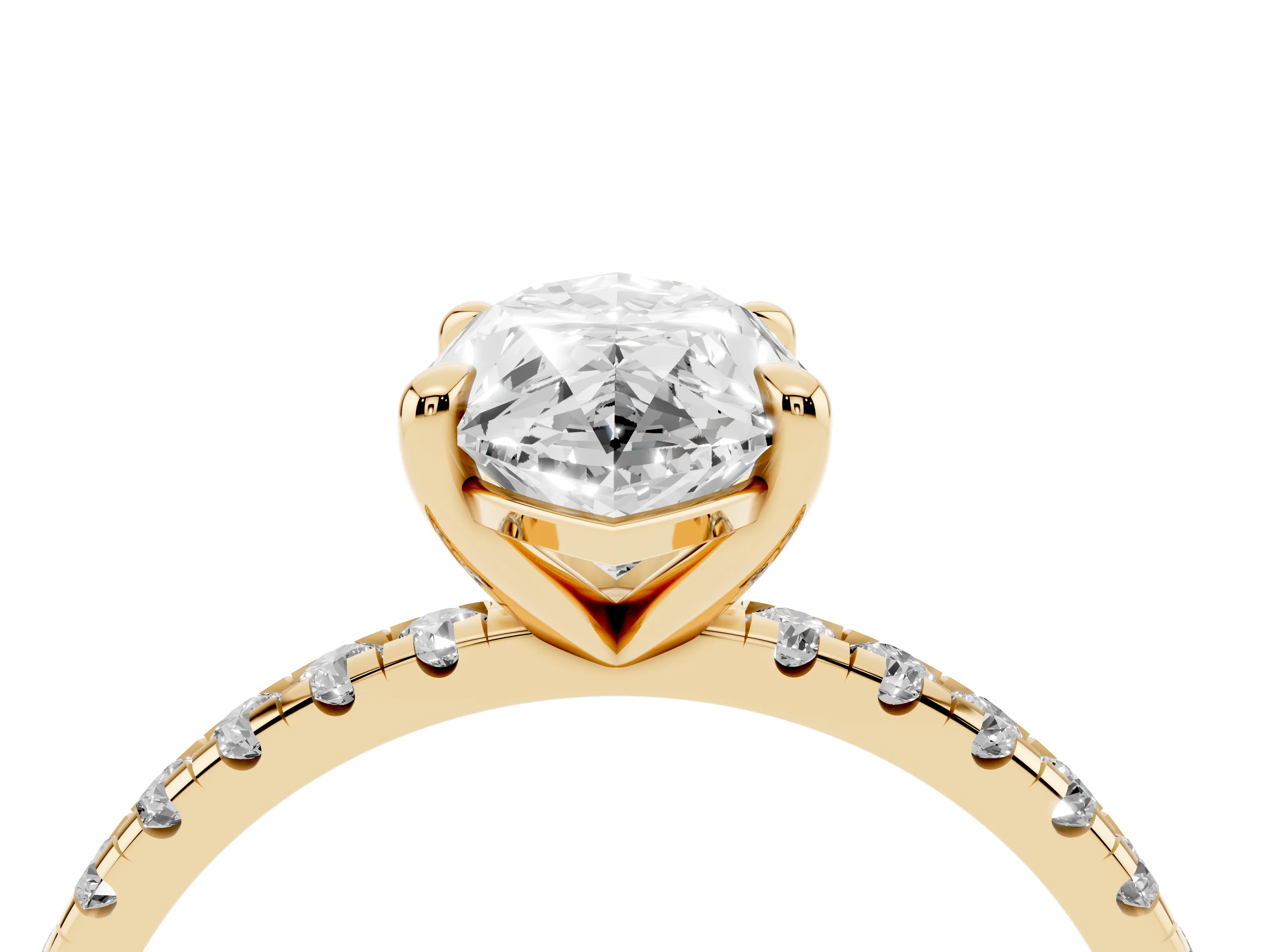 Marquise Cut Diamond Brilliant Solitaire Ring Set in Yellow gold with Pavé Band and Prong Setting