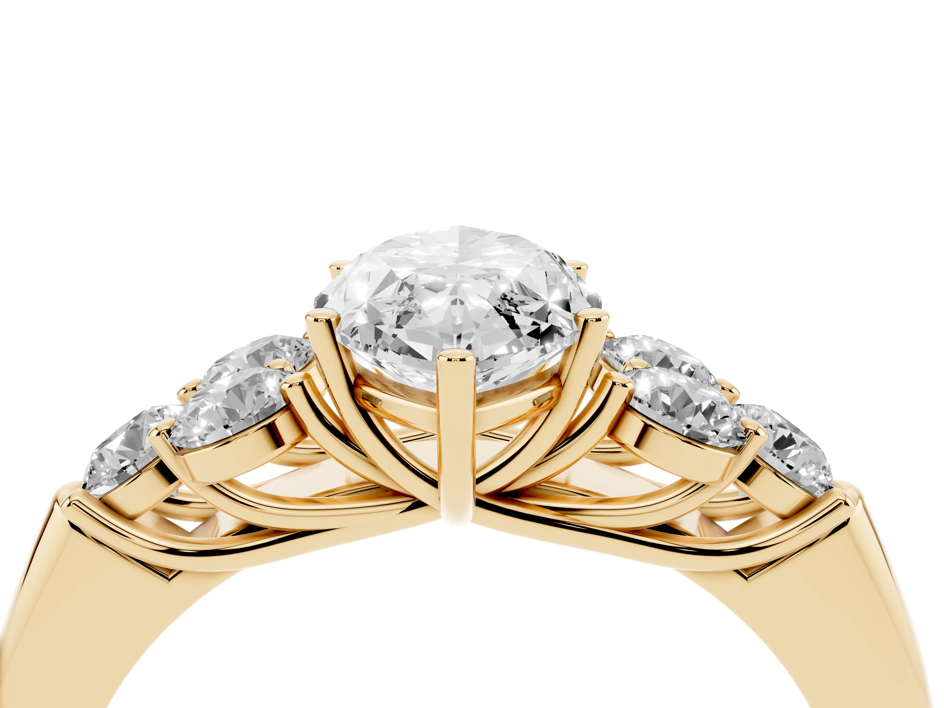 Marquise Cut Diamond Cluster Ring Set in Yellow gold with Round Accent Stones and Prong Setting on a Plain Band