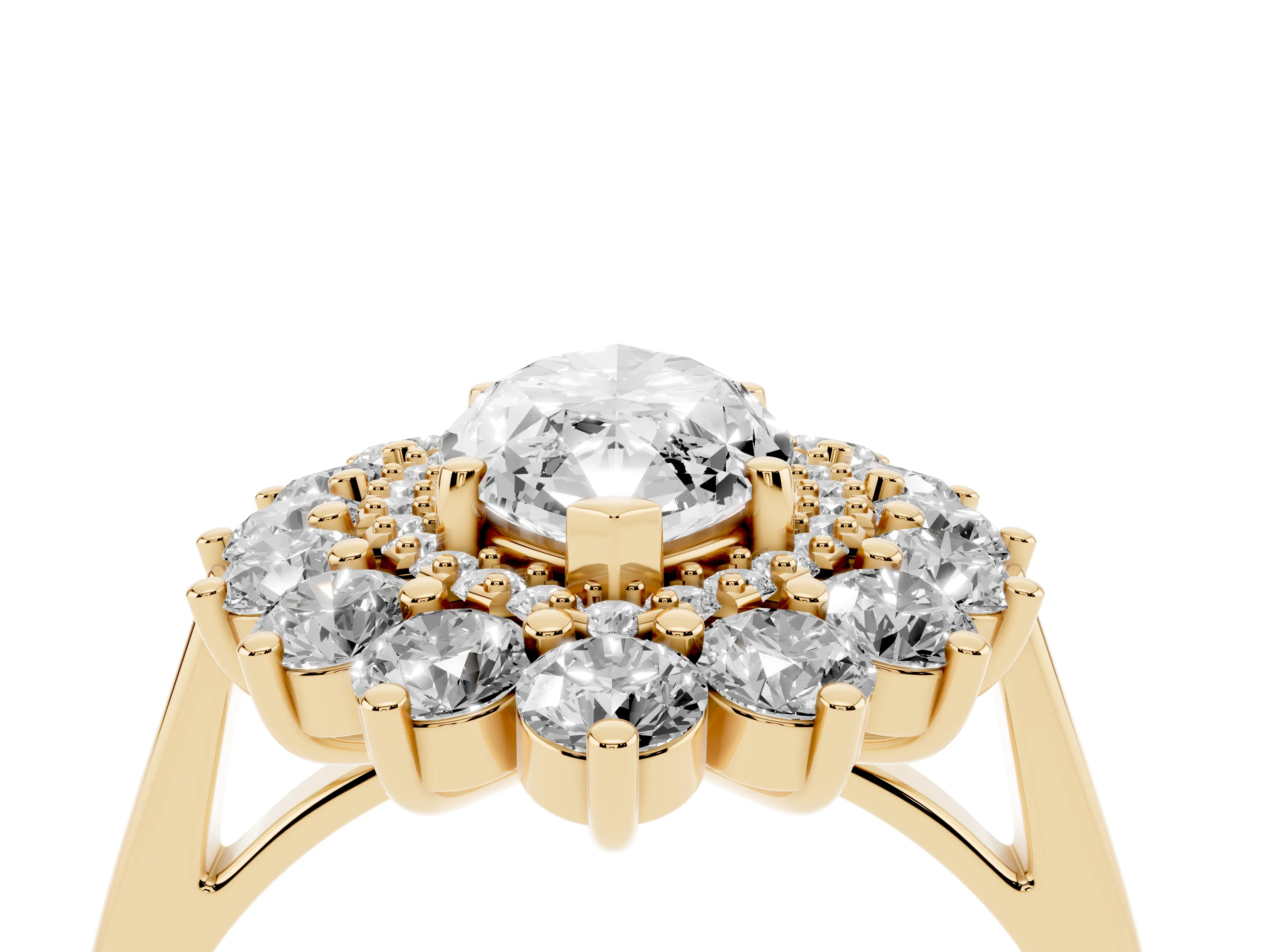 Marquise Cut Diamond Floral Double Halo Ring Set in Yellow gold with Round Petals