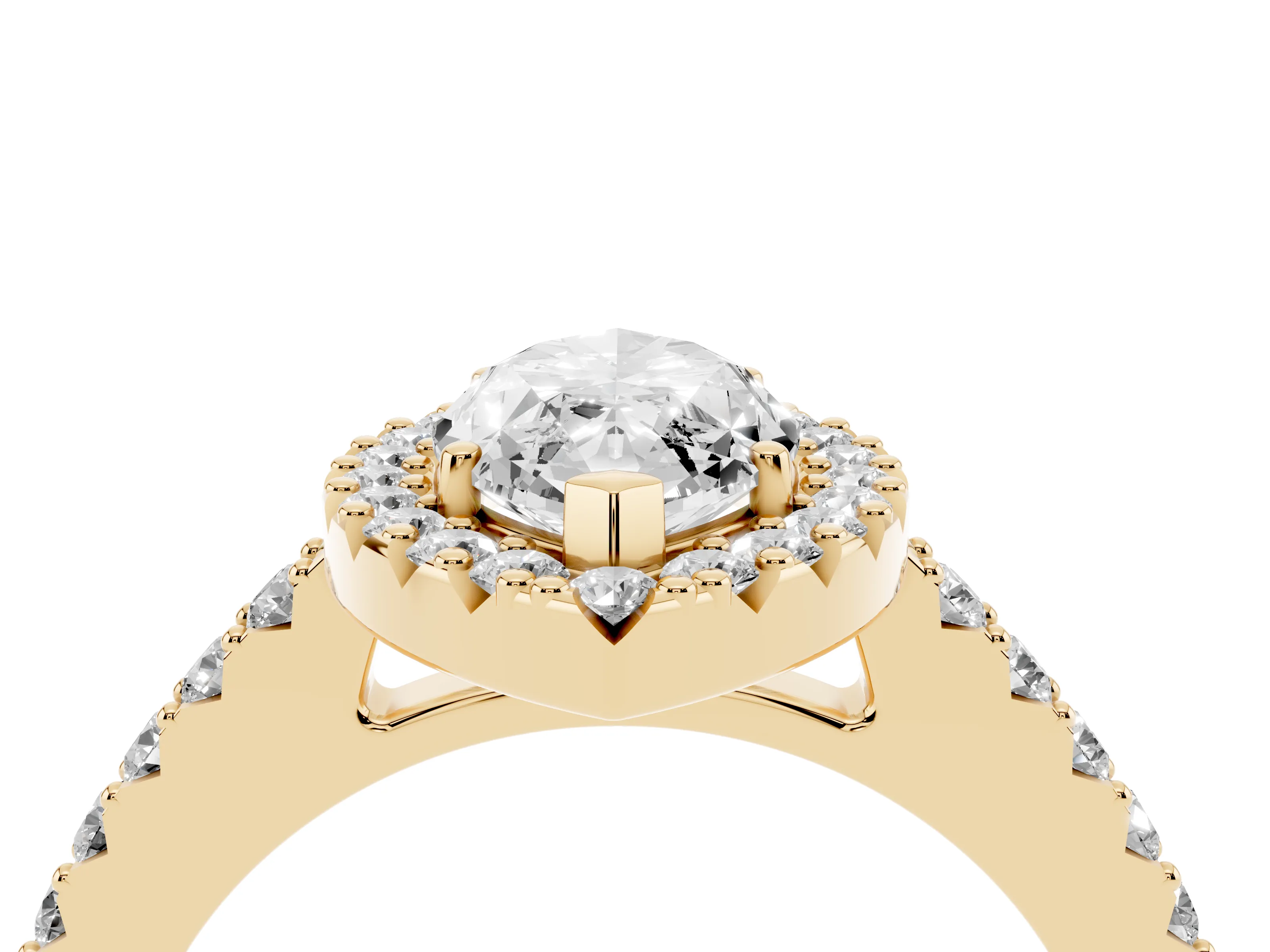 Marquise Cut Diamond Halo Pavé Solitaire Ring Set in Yellow gold with Prong-Set Center Stone