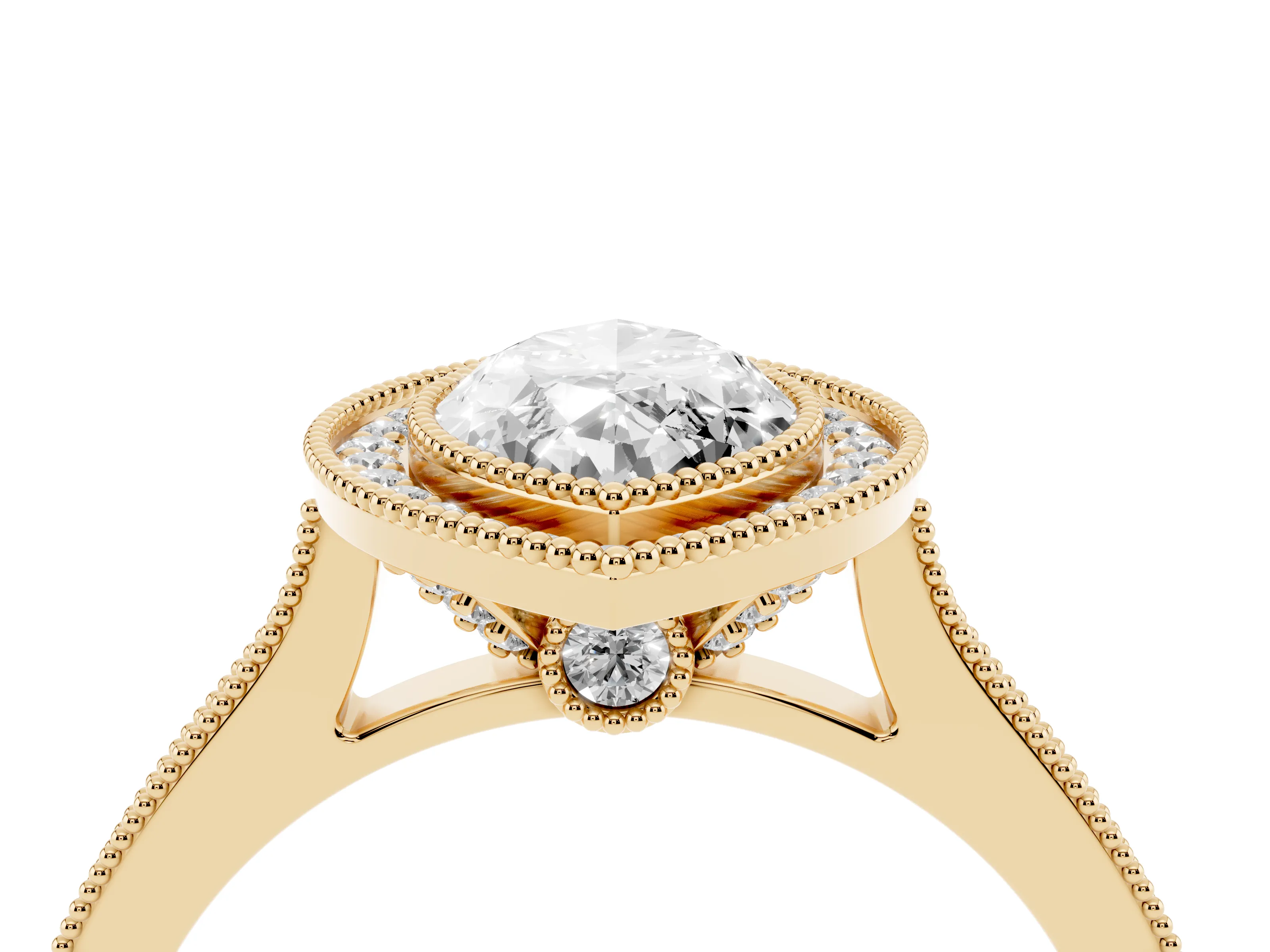 Marquise Cut Diamond Halo Milgrain Pavé Band Ring Set in Yellow gold with Prong Setting