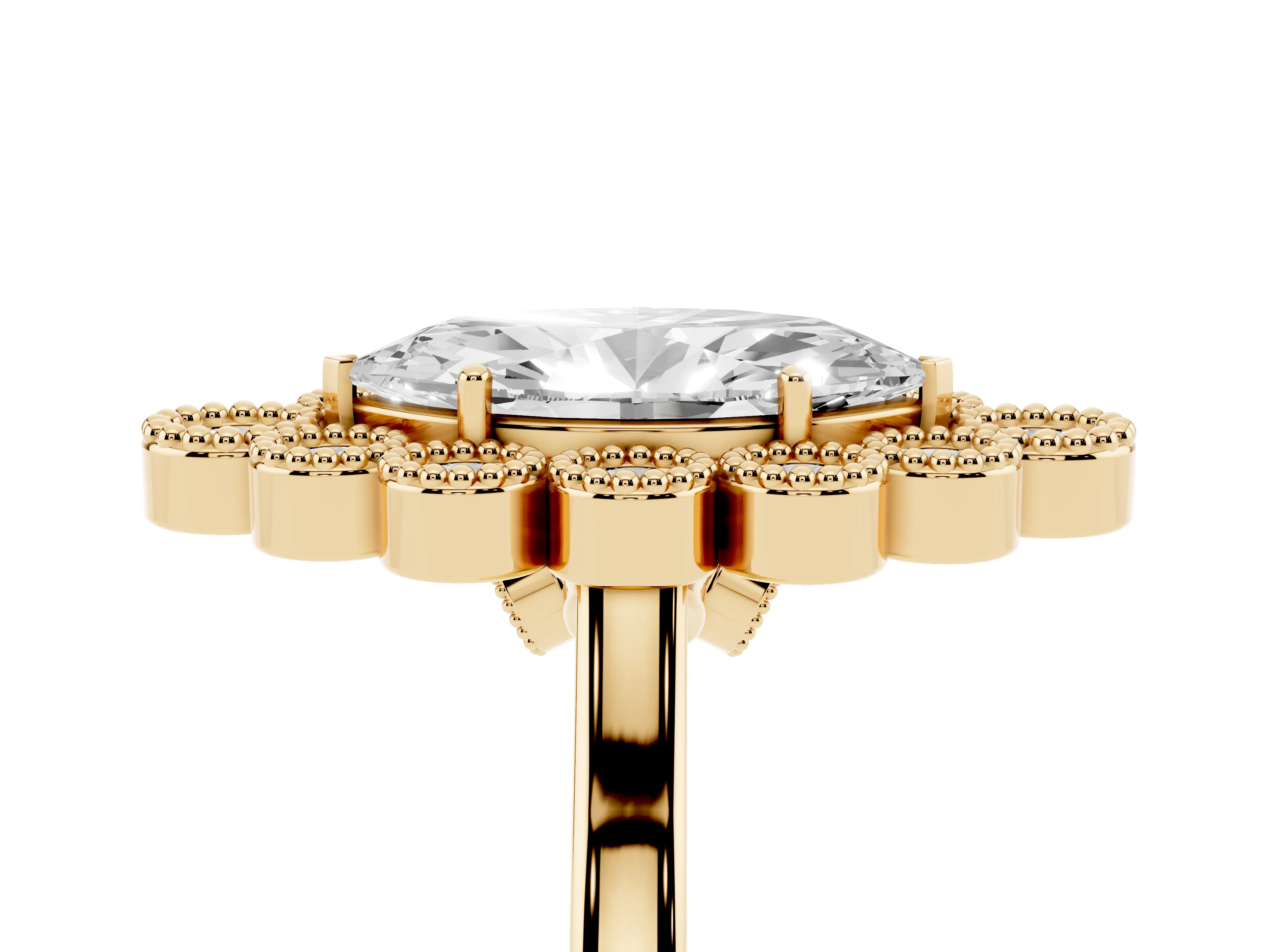 Marquise Cut Diamond Cluster Halo Ring Set in Yellow gold with Milgrain Bezel Accents and Plain Band