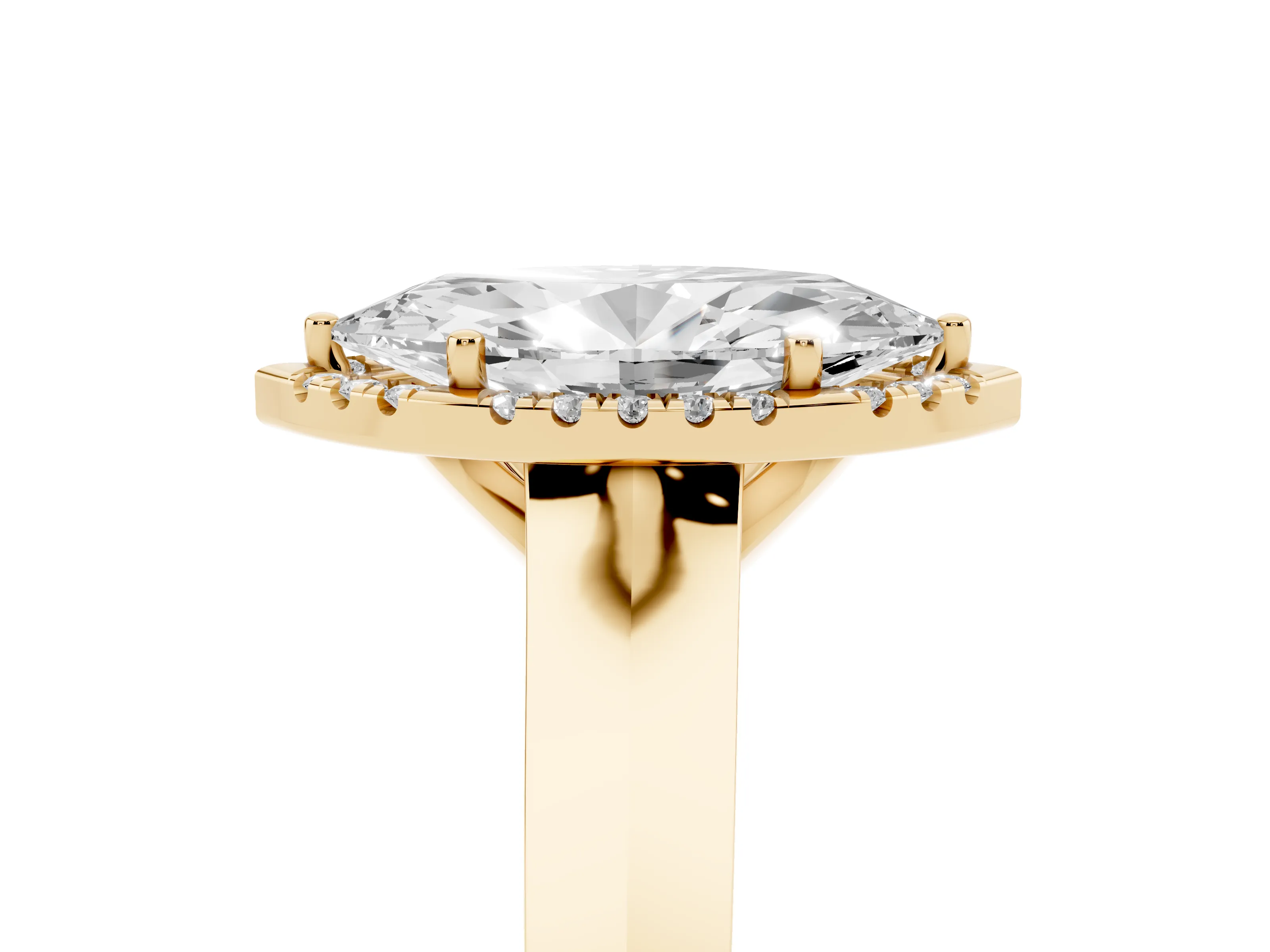 Marquise Cut Diamond Halo Ring Set in Yellow gold with Cathedral Band and Prong Setting