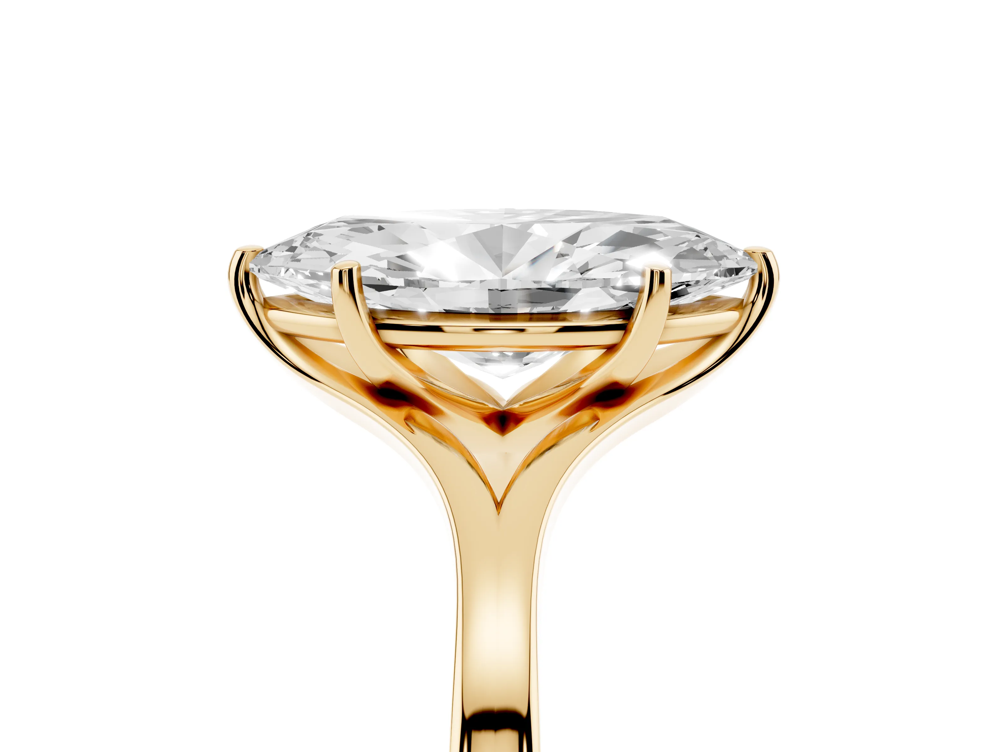 Marquise Cut Diamond Solitaire Ring Set in Yellow gold with Polished Tapered Band and Prong Setting