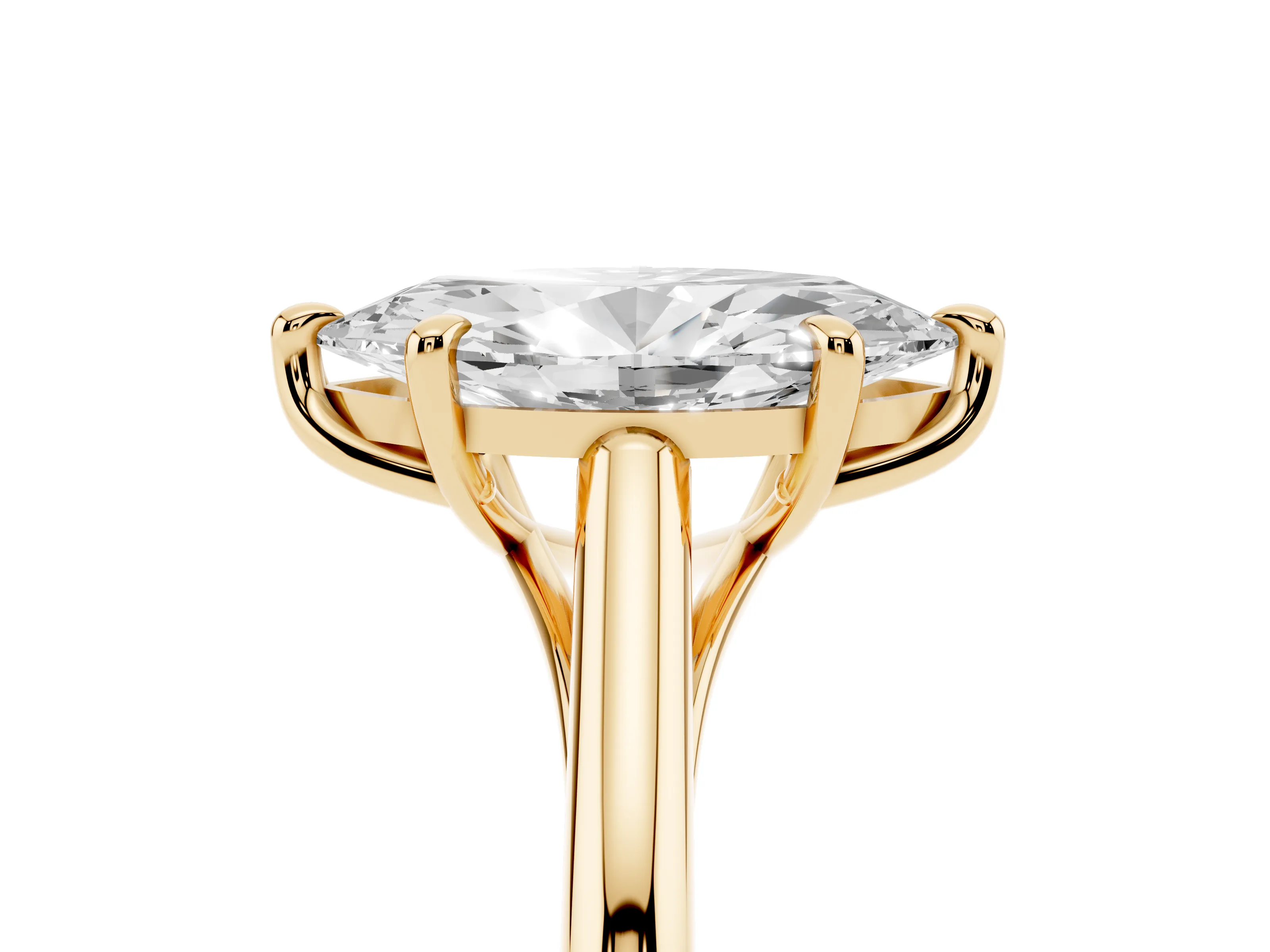 Marquise Cut Diamond Solitaire Engagement Ring Set in Yellow gold with Prong Setting and Plain Classic Band