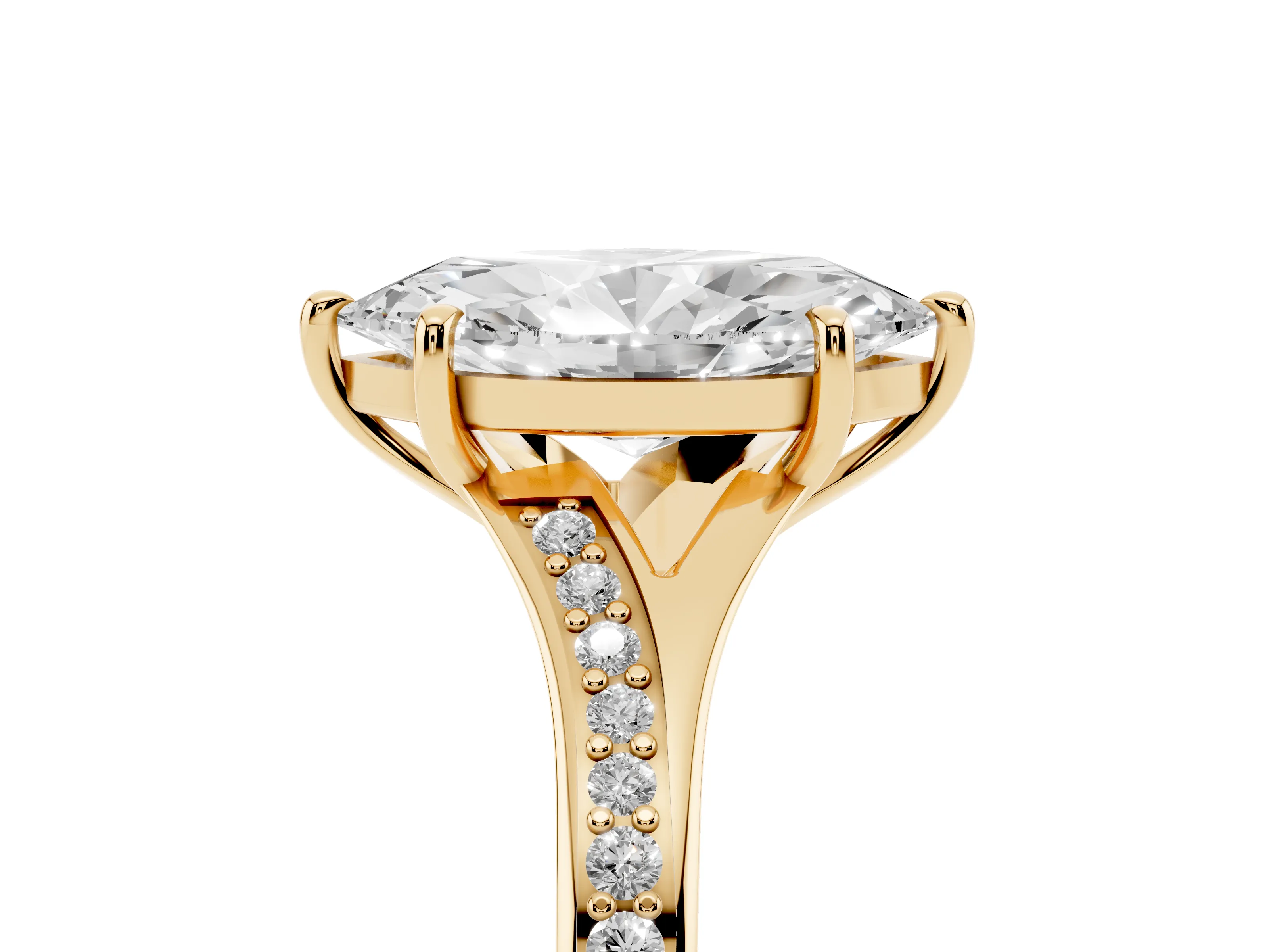 Marquise Cut Diamond Solitaire Ring Set in Yellow gold with Pavé Accent Band and Classic Prong Setting