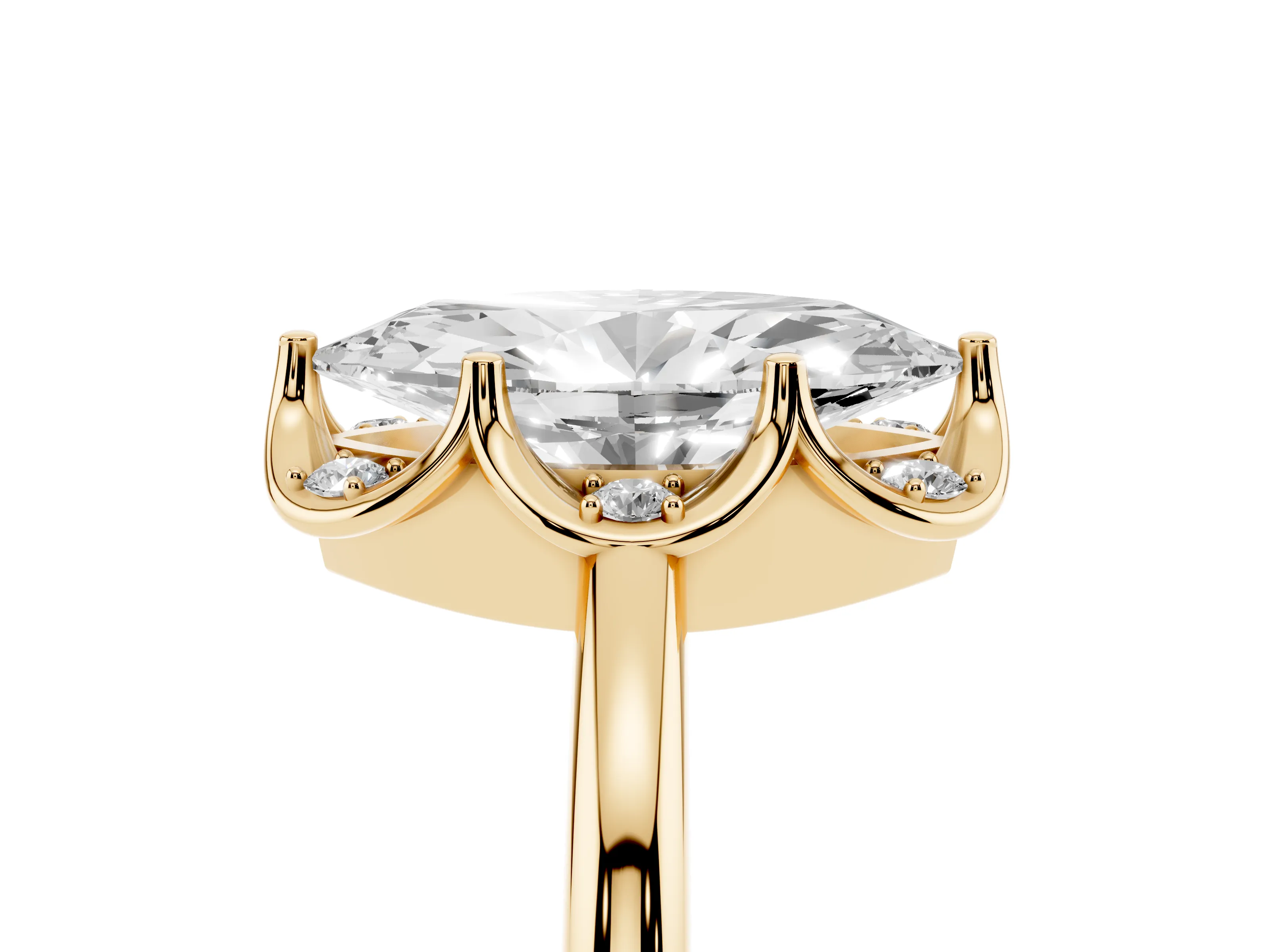 Marquise Cut Diamond Round Cluster Halo Ring Set in Yellow gold with Solitaire Band and Prong Setting