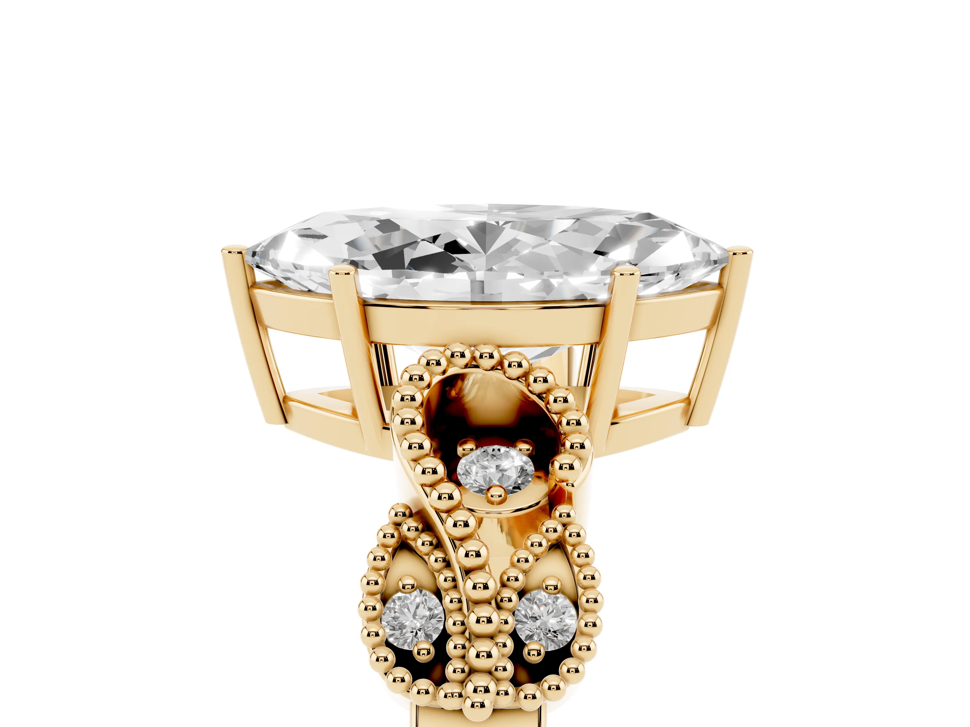 Marquise Cut Diamond Milgrain Leaf Band Solitaire Ring Set in Yellow gold with Accent Stones and Prong Setting