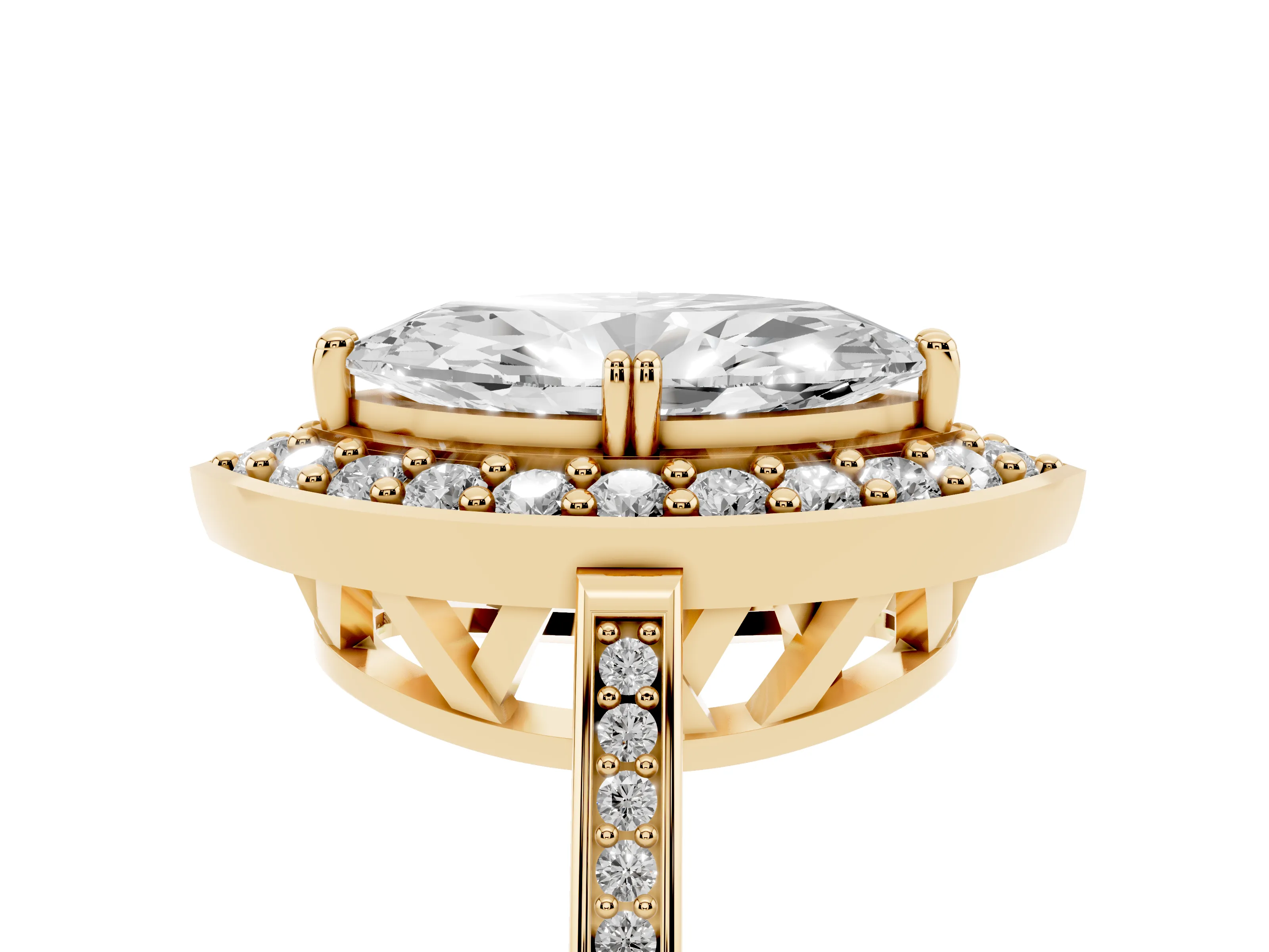 Marquise Cut Diamond Halo Ring Set in Yellow gold with Accent-Lined Split Shank and Prong Setting