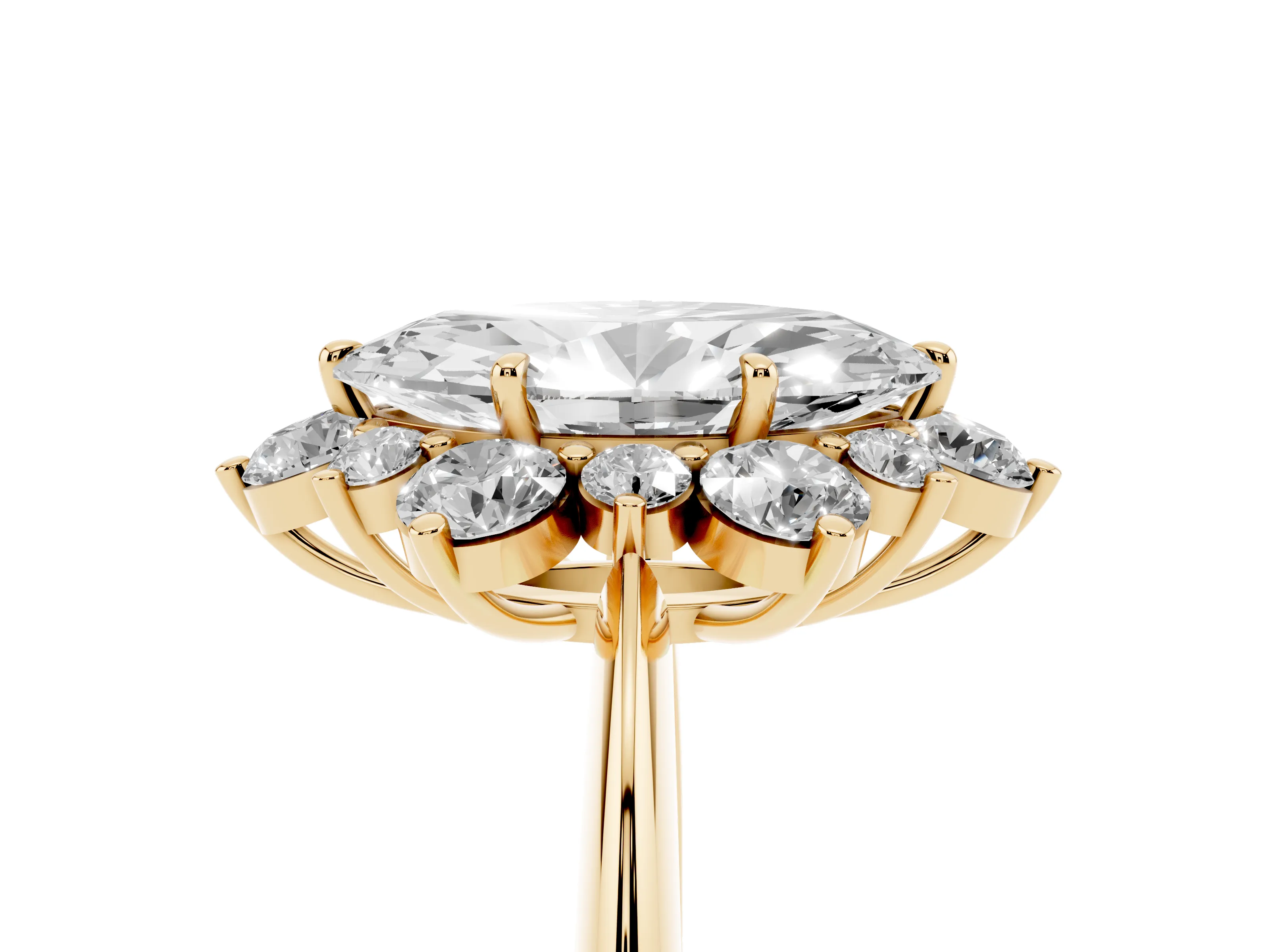Marquise Cut Diamond Cluster Halo Ring Set in Yellow gold with Solitaire Band and Prong Setting