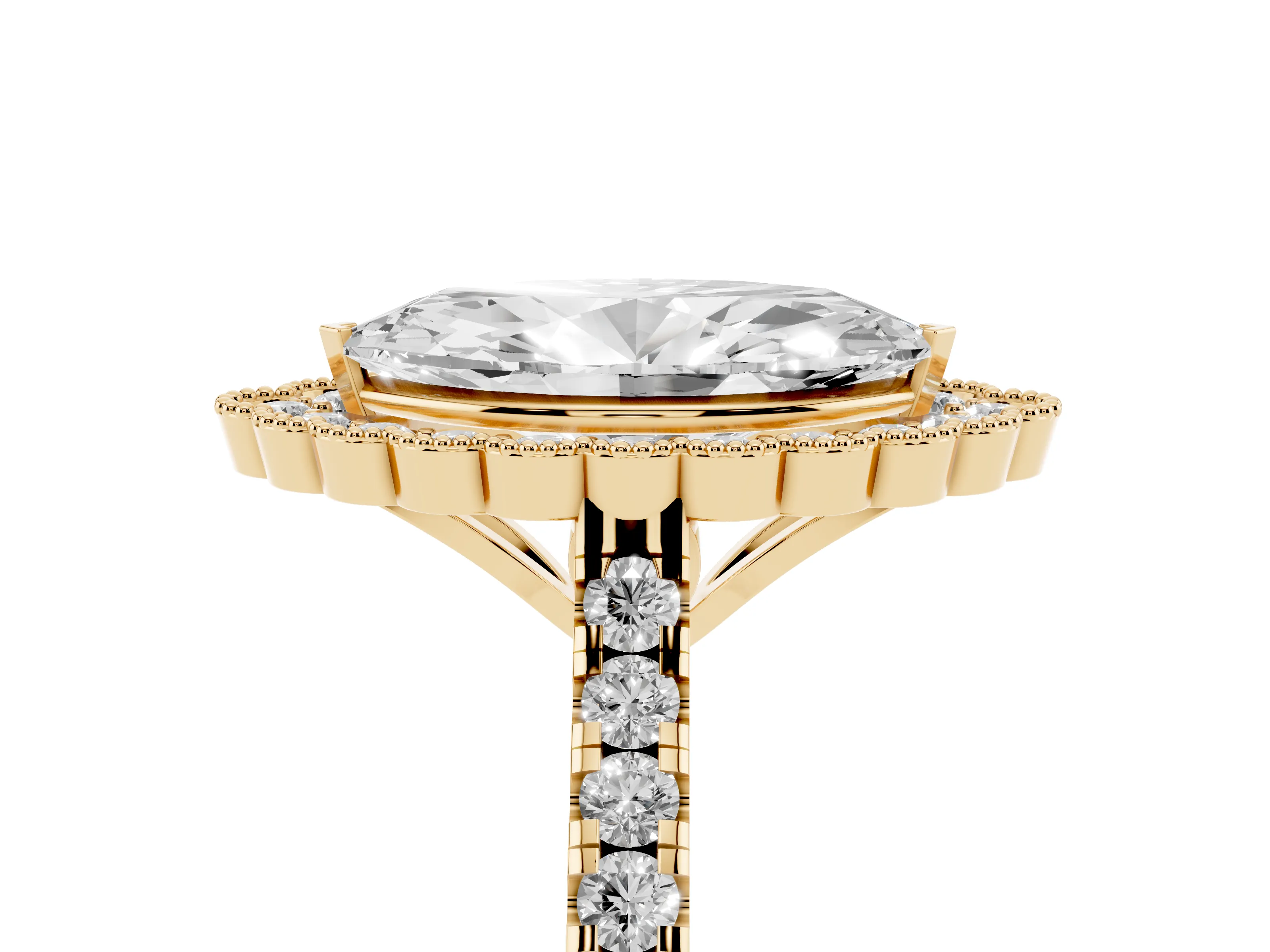 Marquise Cut Diamond Milgrain Floral Halo Engagement Ring Set in Yellow gold with Pavé Band