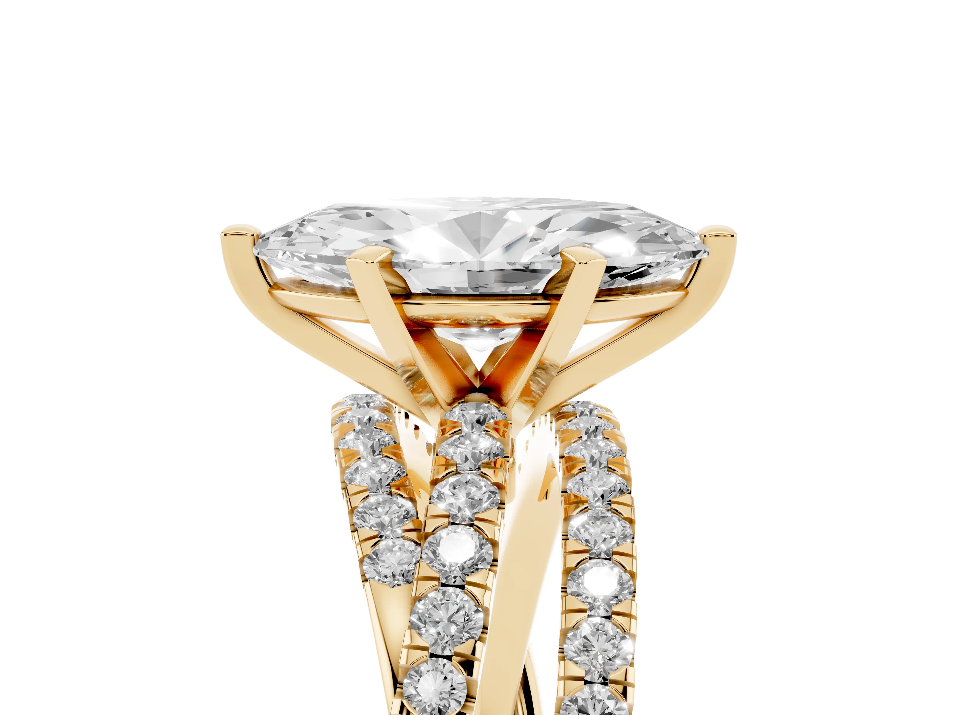 Marquise Cut Diamond Solitaire Twist Band Ring Set in Yellow gold with Pavé Setting and Prong Head