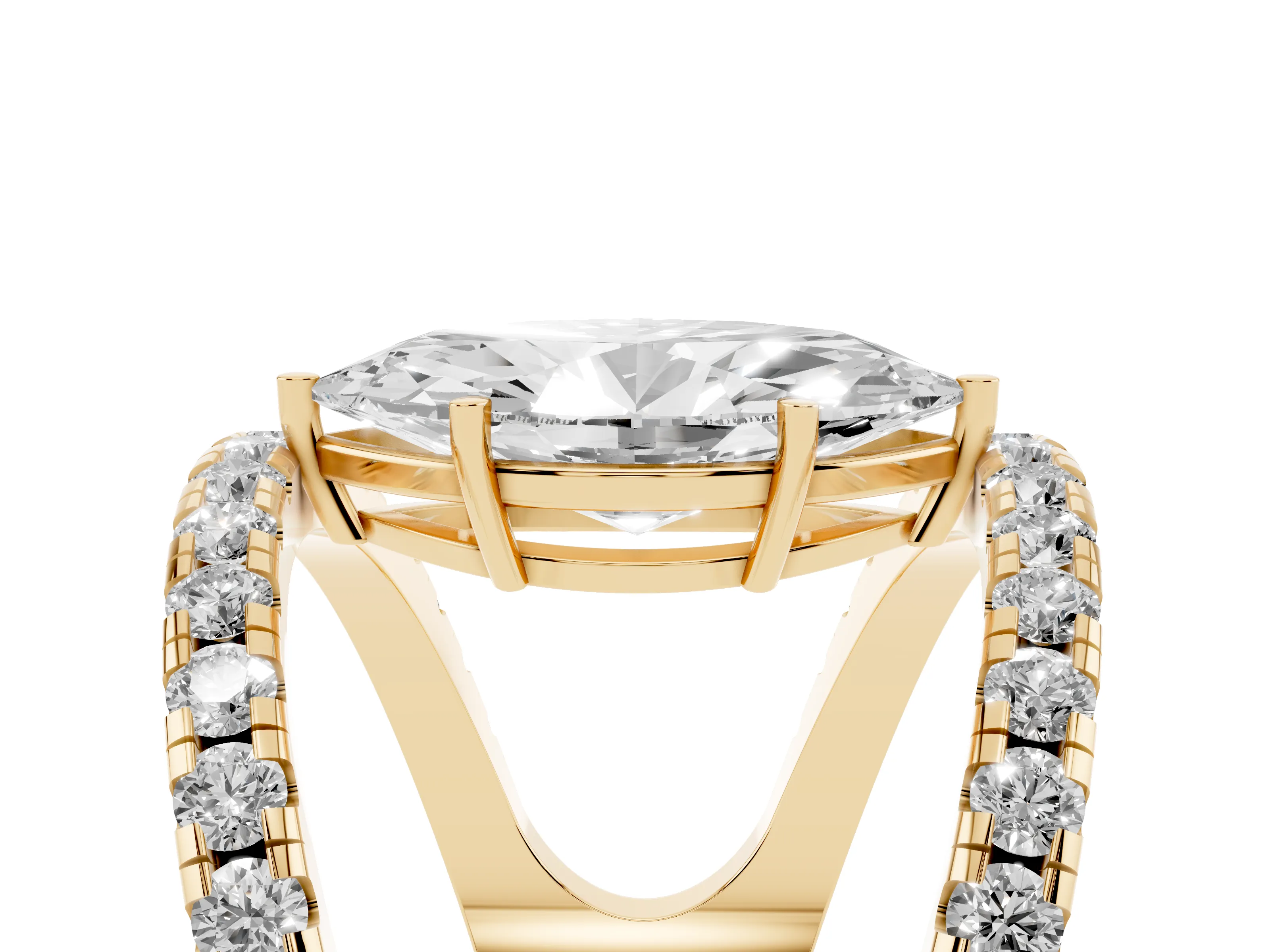 Marquise Cut Diamond Split Shank Pavé Solitaire Ring Set in Yellow gold with Open Shank Design