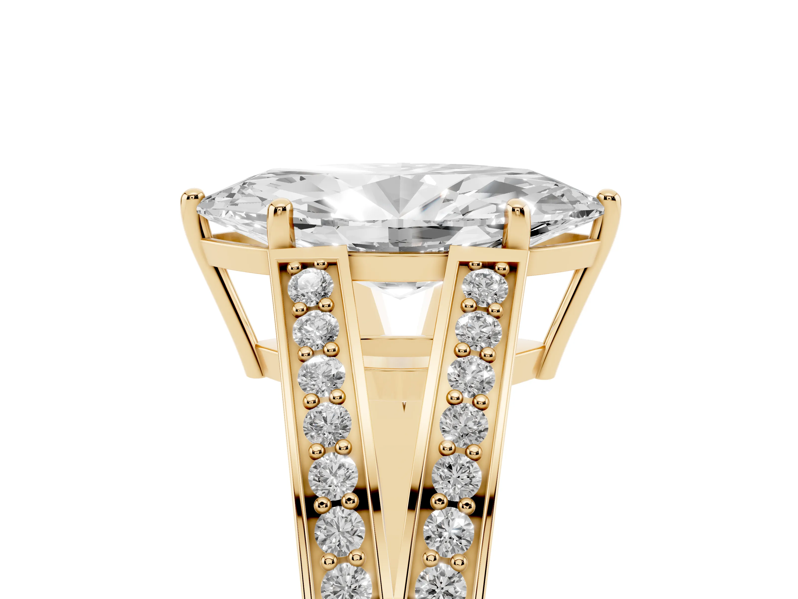 Marquise Cut Diamond Split Shank Ring Set in Yellow gold with Pavé Band and Prong Setting