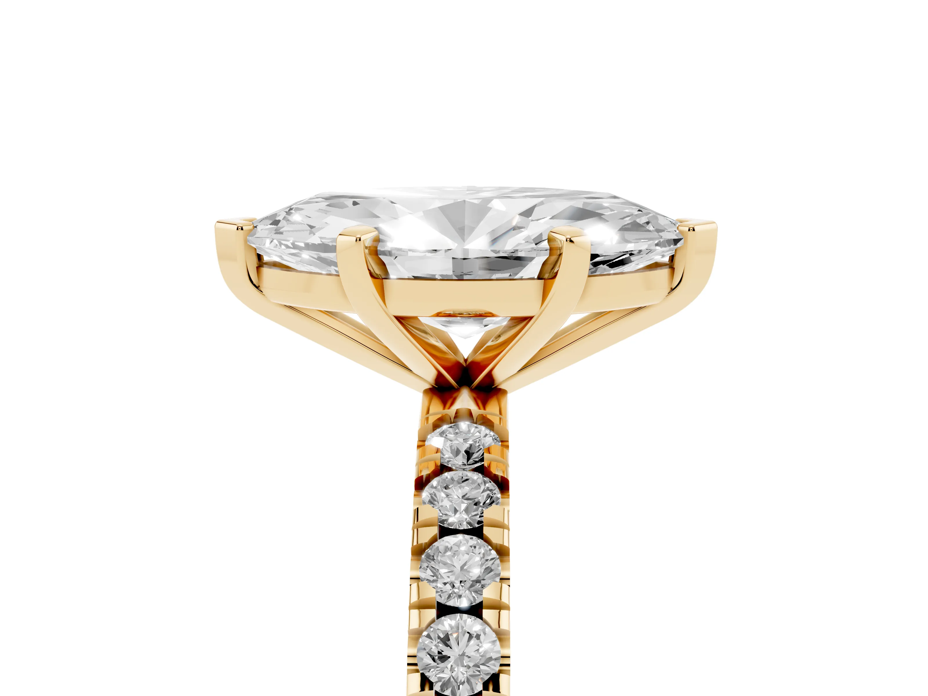 Marquise Cut Diamond Pavé Band Solitaire Set in Yellow gold with Prong Setting