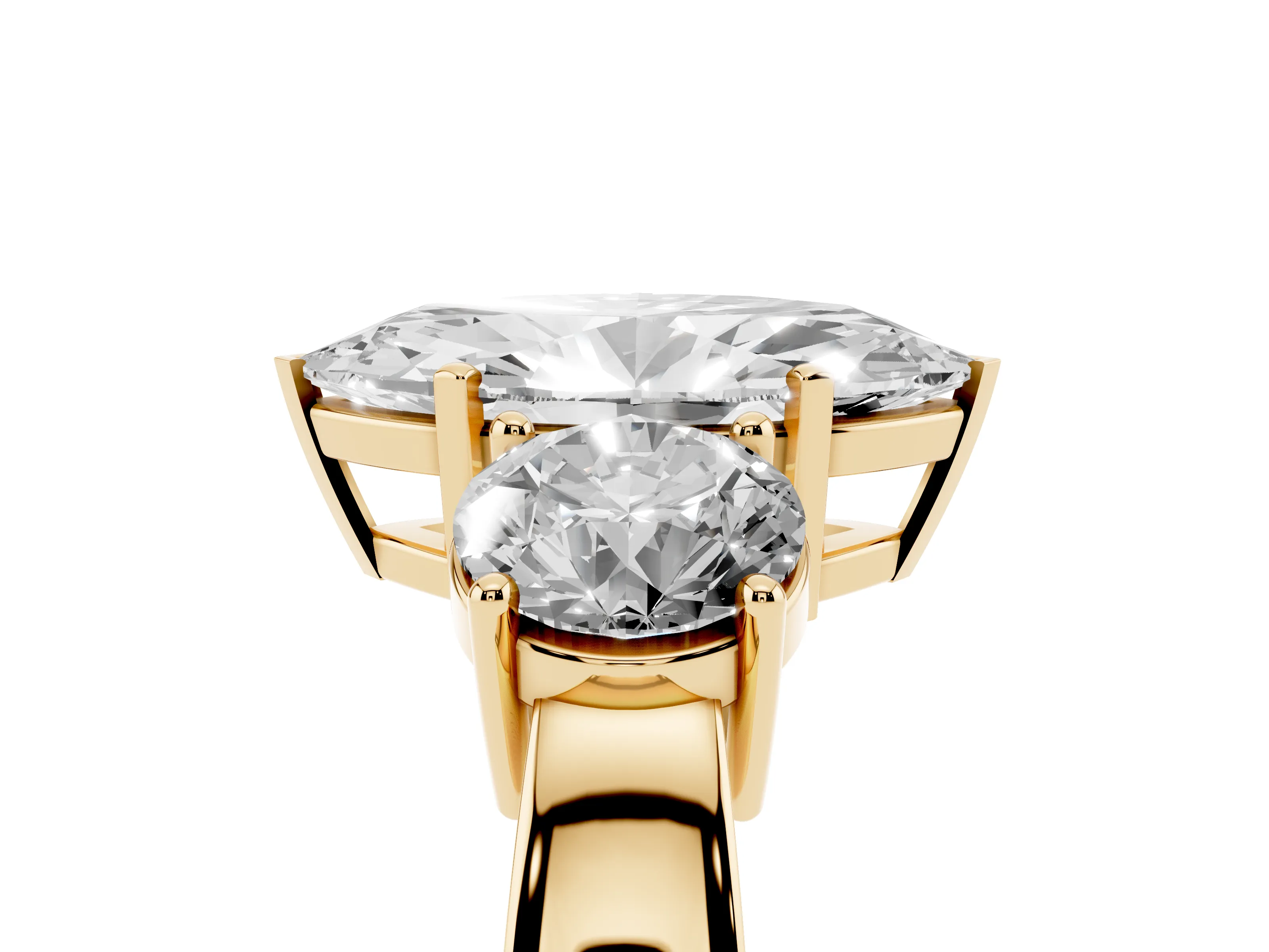 Marquise Cut Diamond Three-Stone Ring Set in Yellow gold with Round Side Stones and Classic Band