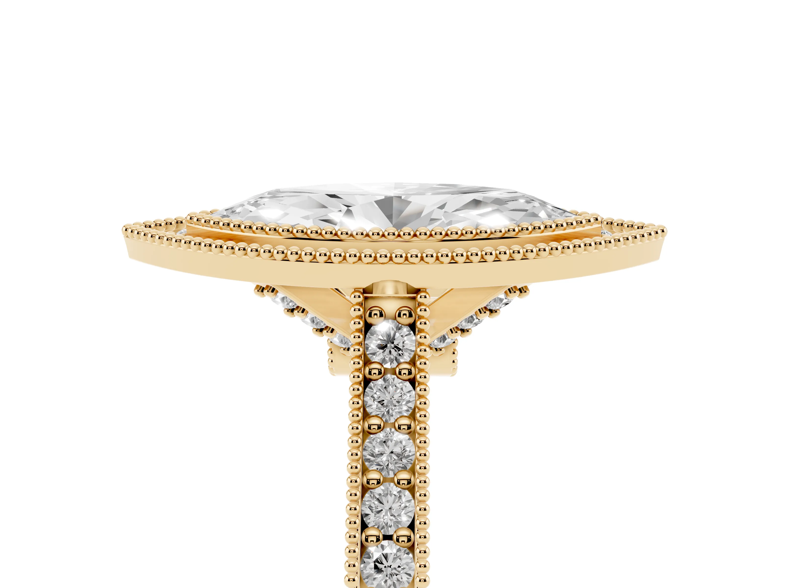 Marquise Cut Diamond Halo Milgrain Pavé Band Ring Set in Yellow gold with Prong Setting