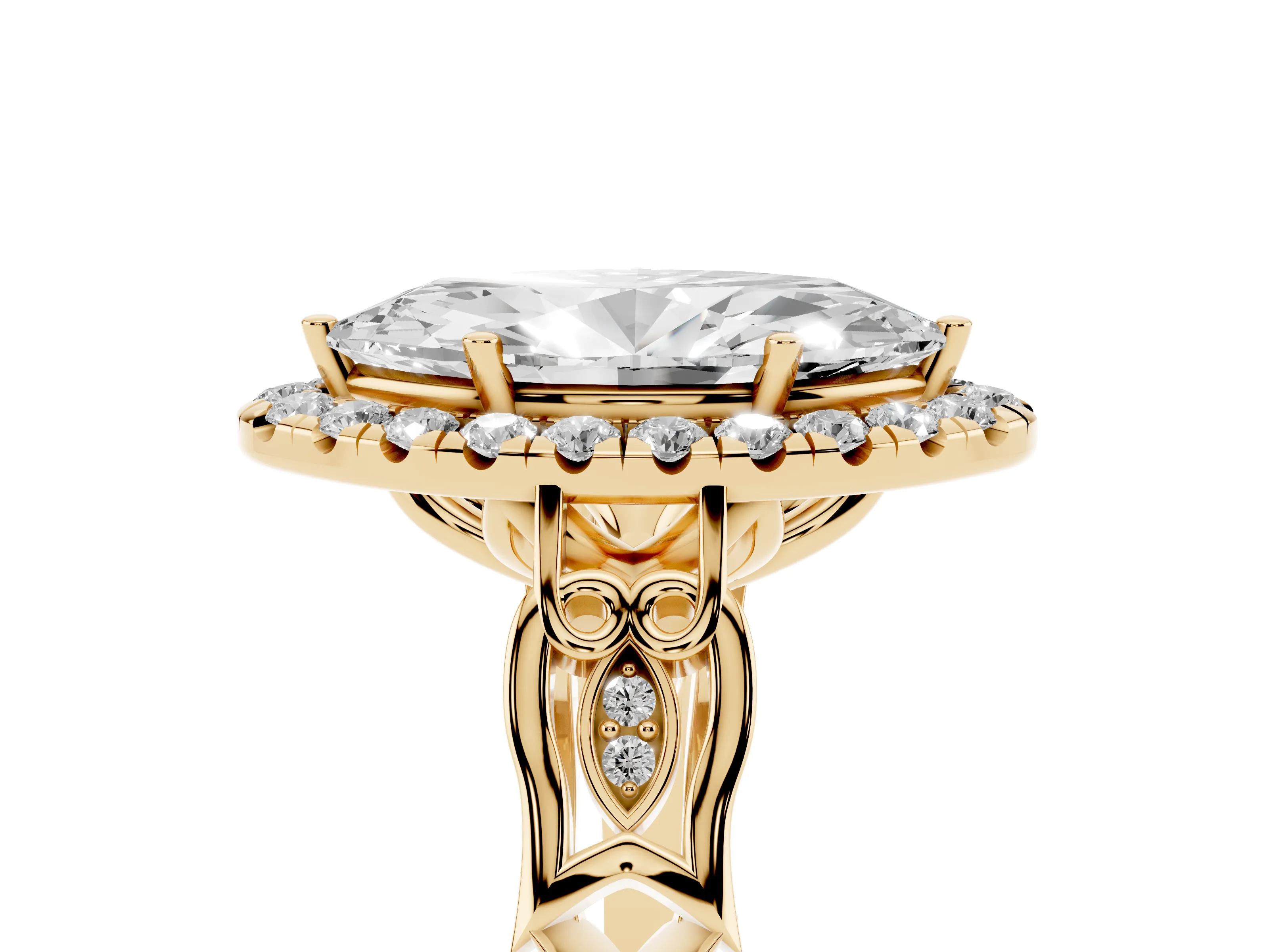 Marquise Cut Diamond Halo Engagement Ring Set in Yellow gold with Filigree Band and Prong-Set Center