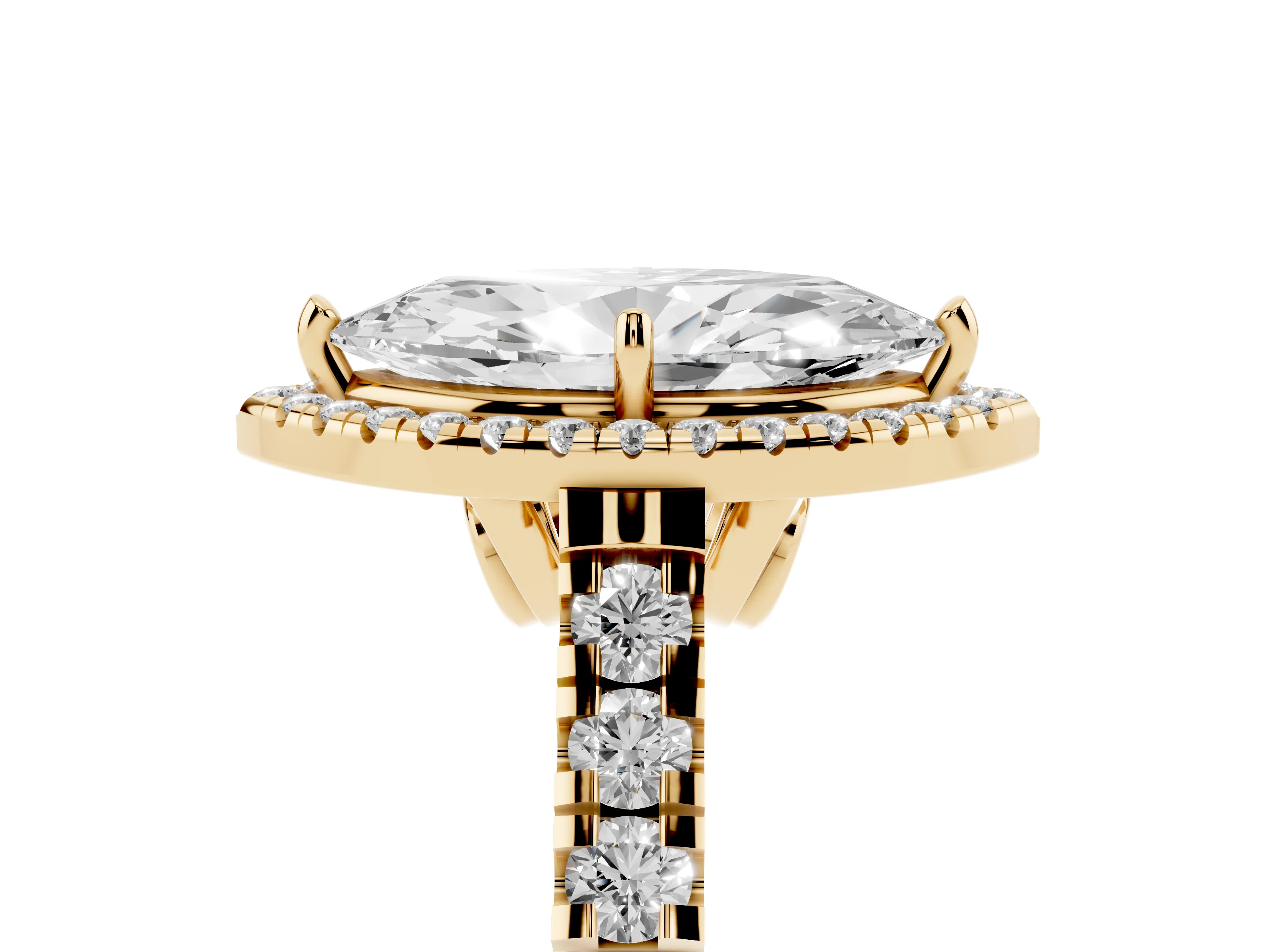 Marquise Cut Diamond Halo Engagement Ring Set in Yellow gold with Pavé Band and Prong-Set Center