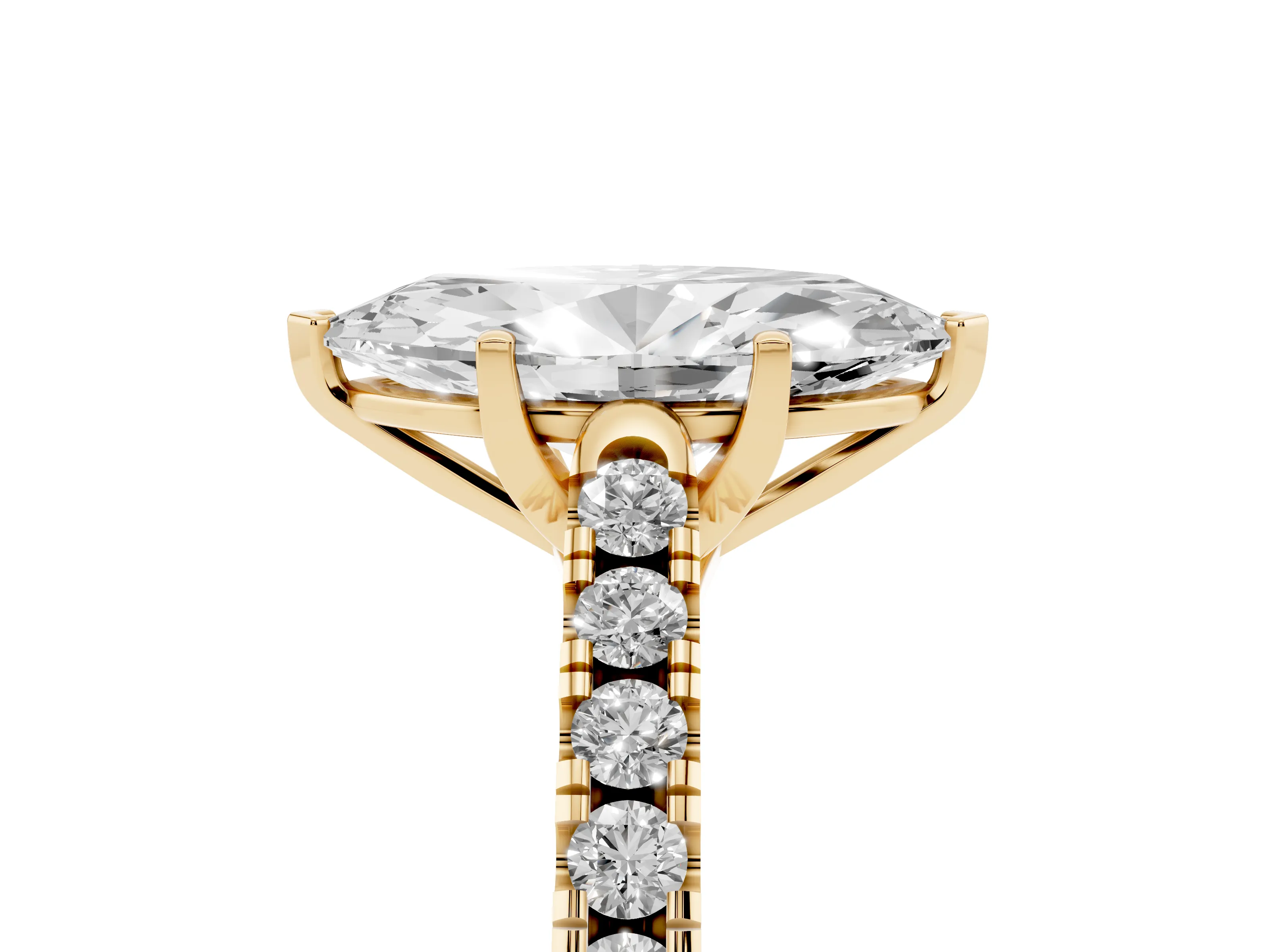 Marquise Cut Diamond Pavé Band Solitaire Ring Set in Yellow gold with Partway Accent Stones and Prong Setting