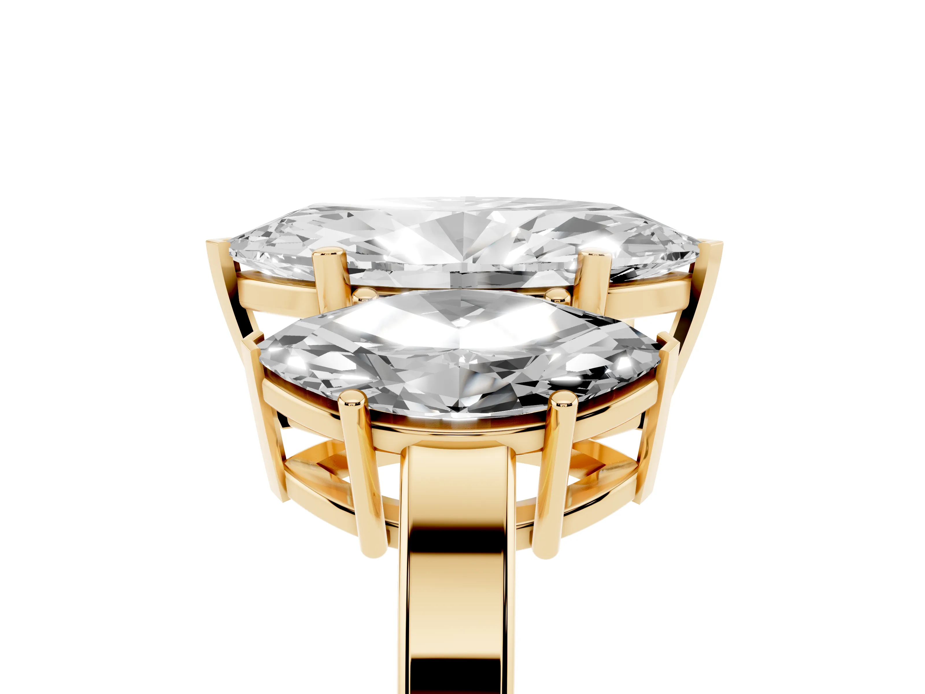 Marquise Cut Diamond Three-Stone Engagement Ring Set in Yellow gold with Flat Band
