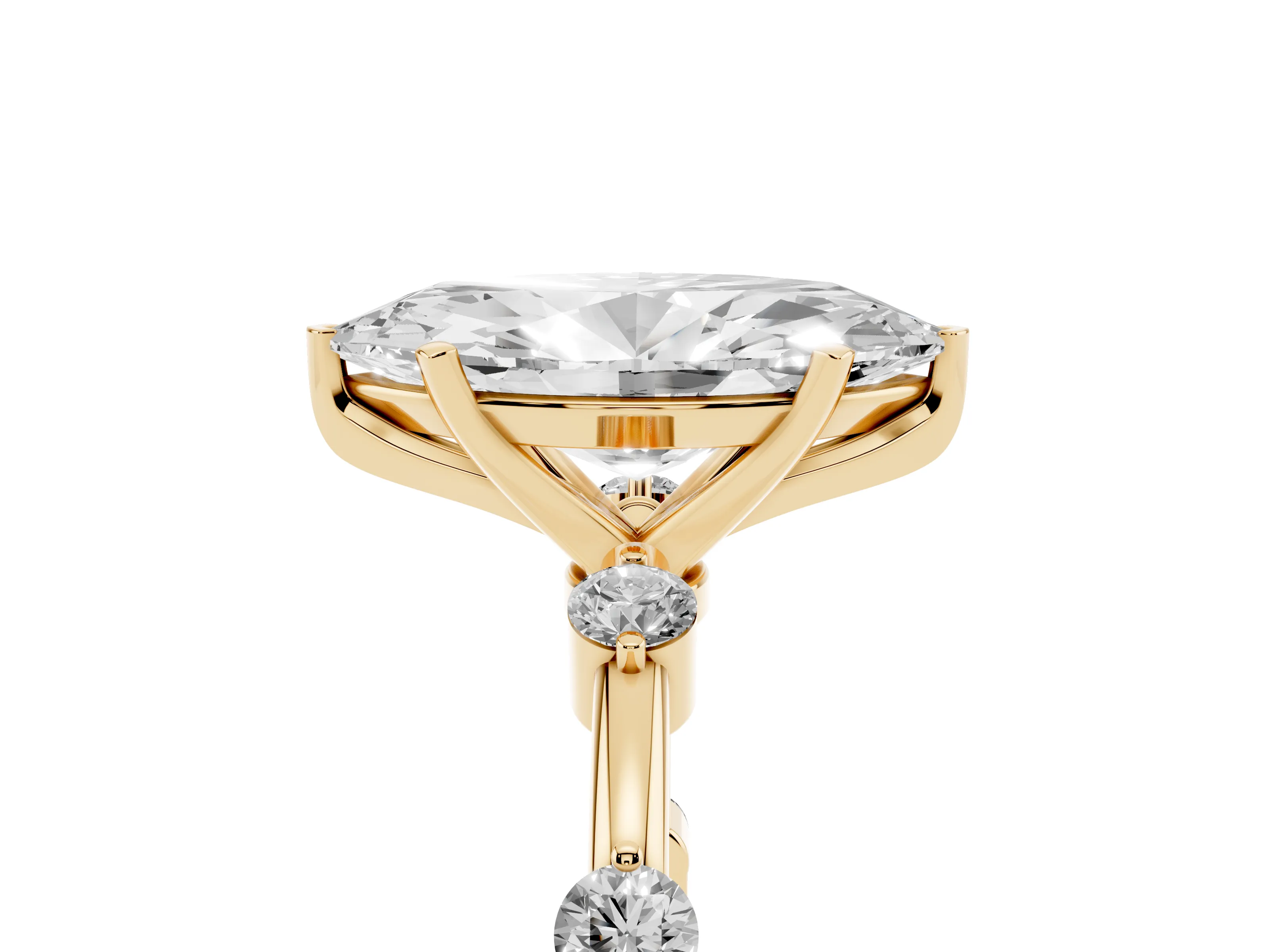 Marquise Cut Diamond Solitaire Ring Set in Yellow gold with Bezel Set Side Stones and Prong Setting
