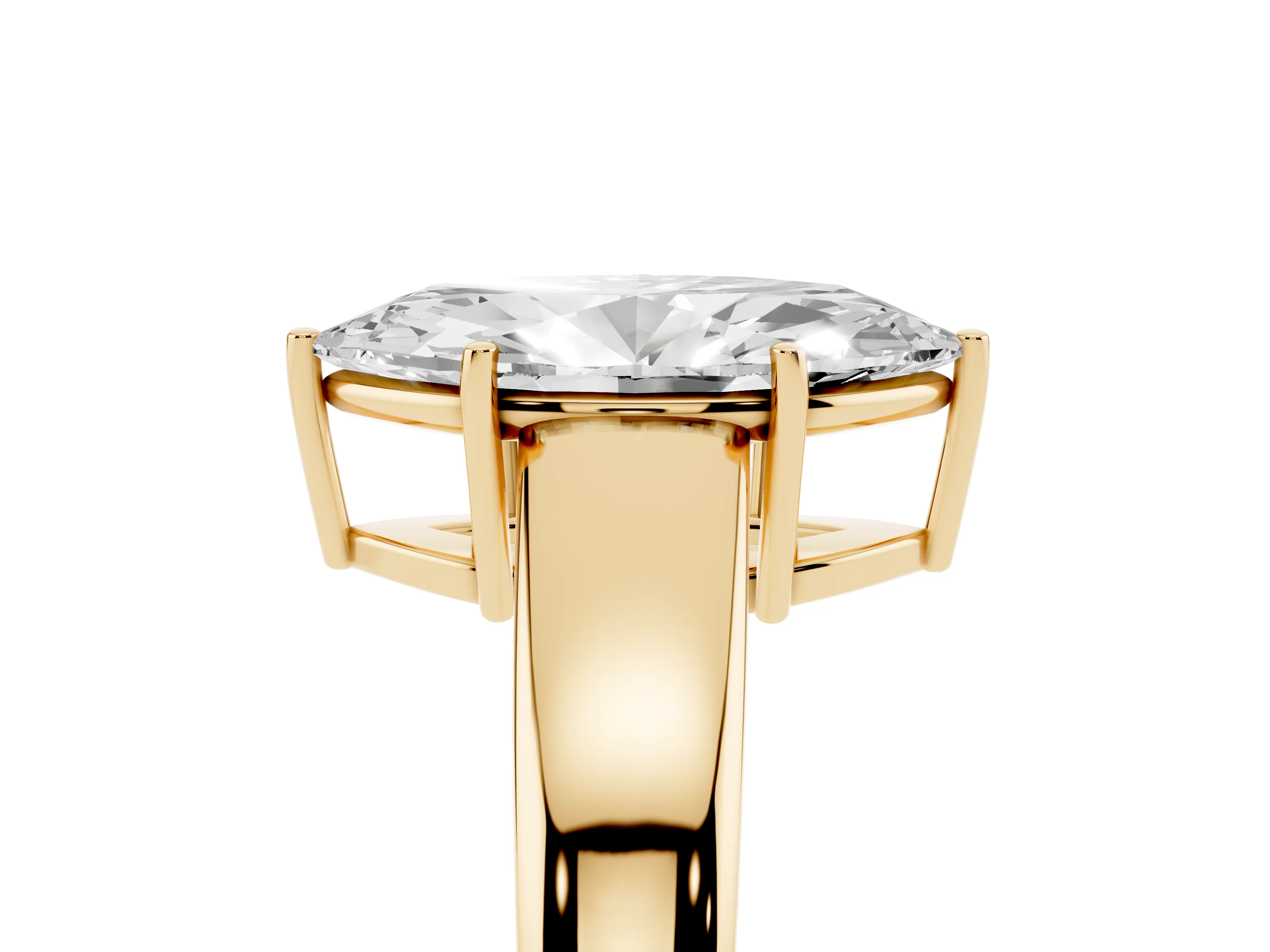 Marquise Cut Diamond Solitaire Ring Set in Yellow gold with Tapered Band and Prong Setting
