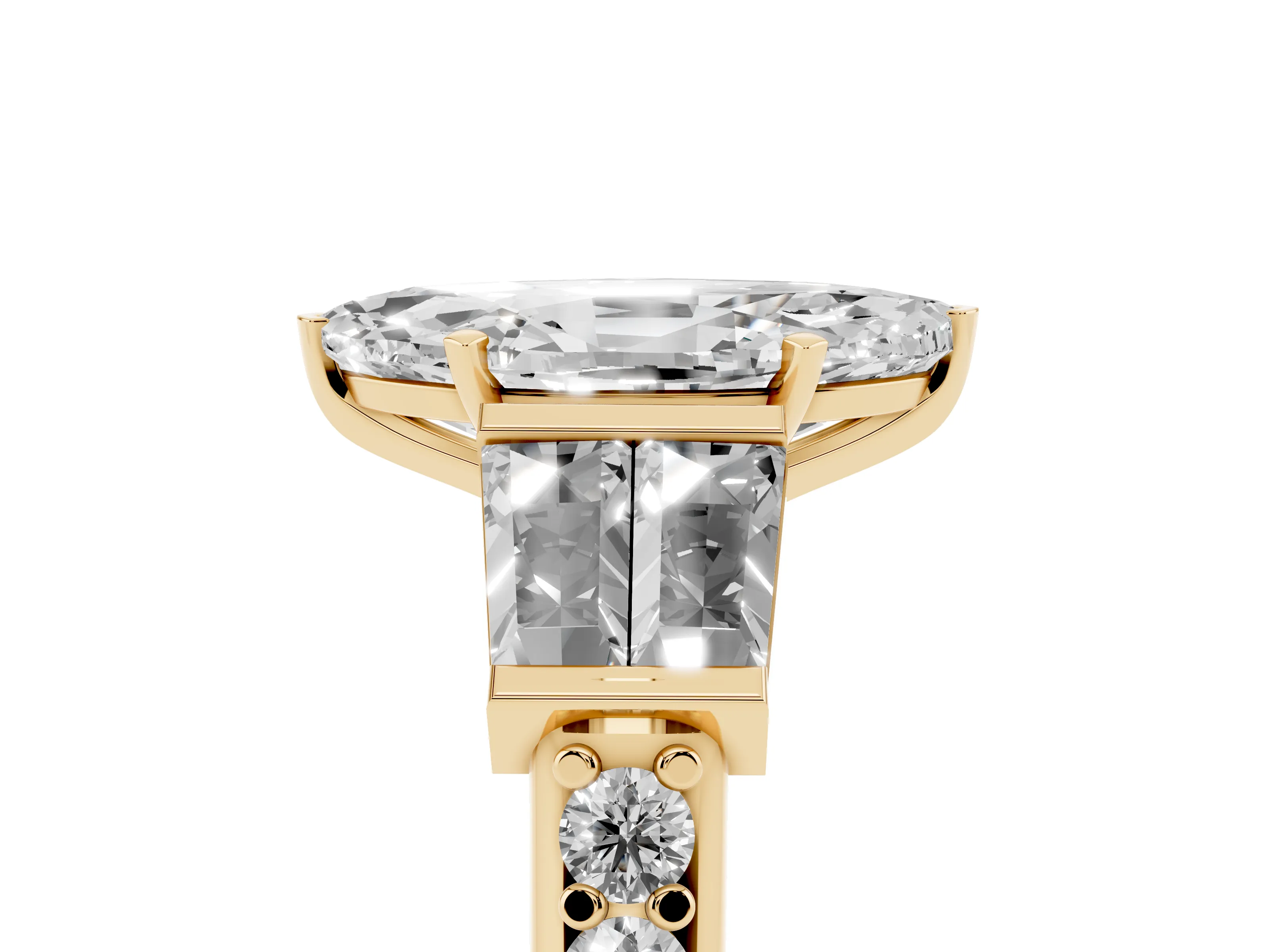 Marquise Cut Diamond Engagement Ring Set in Yellow gold with Baguette Side Stones and Channel Set Band