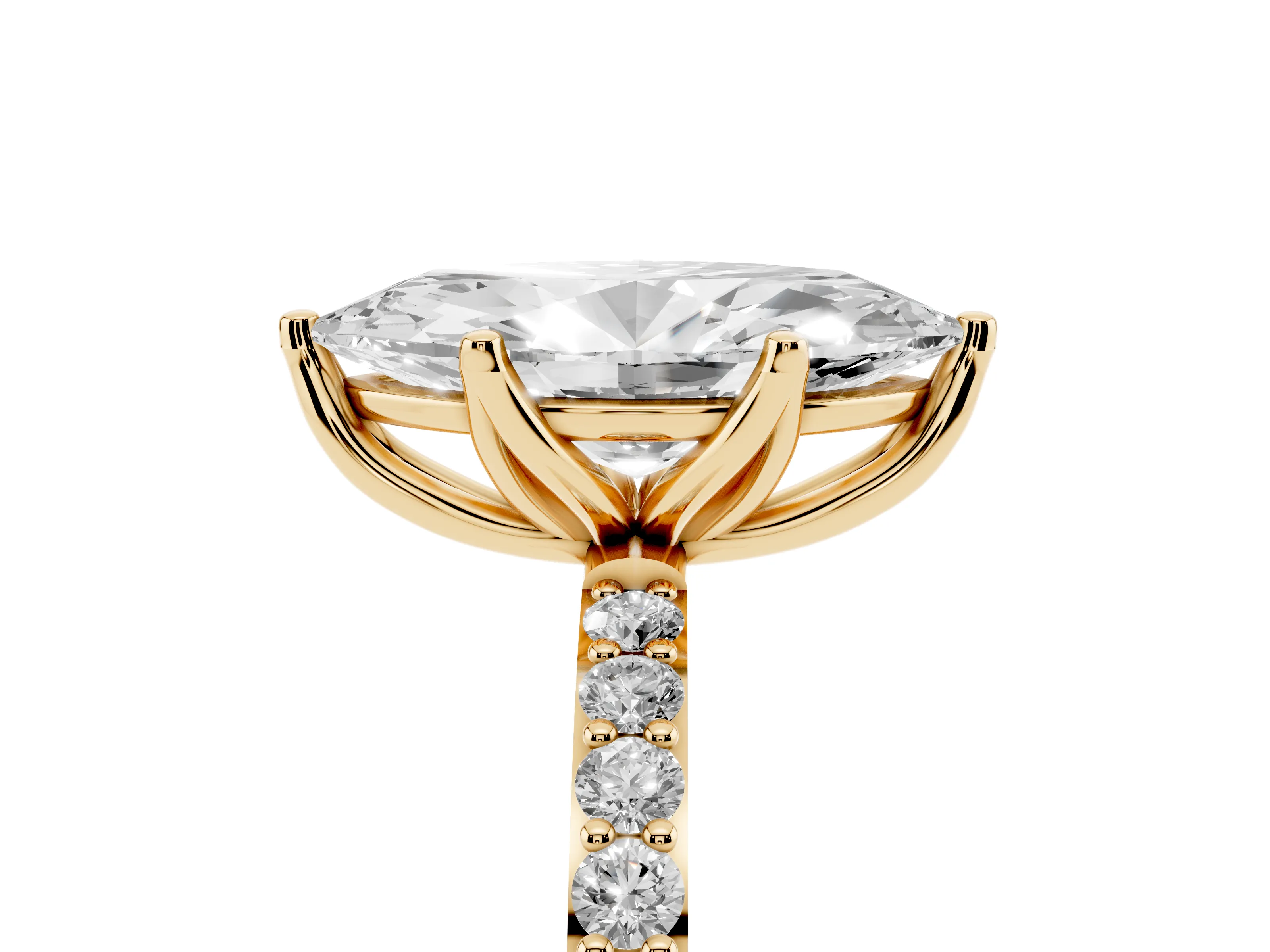 Marquise Cut Diamond Solitaire Engagement Ring Set in Yellow gold with Round Pavé Band and Prong Setting