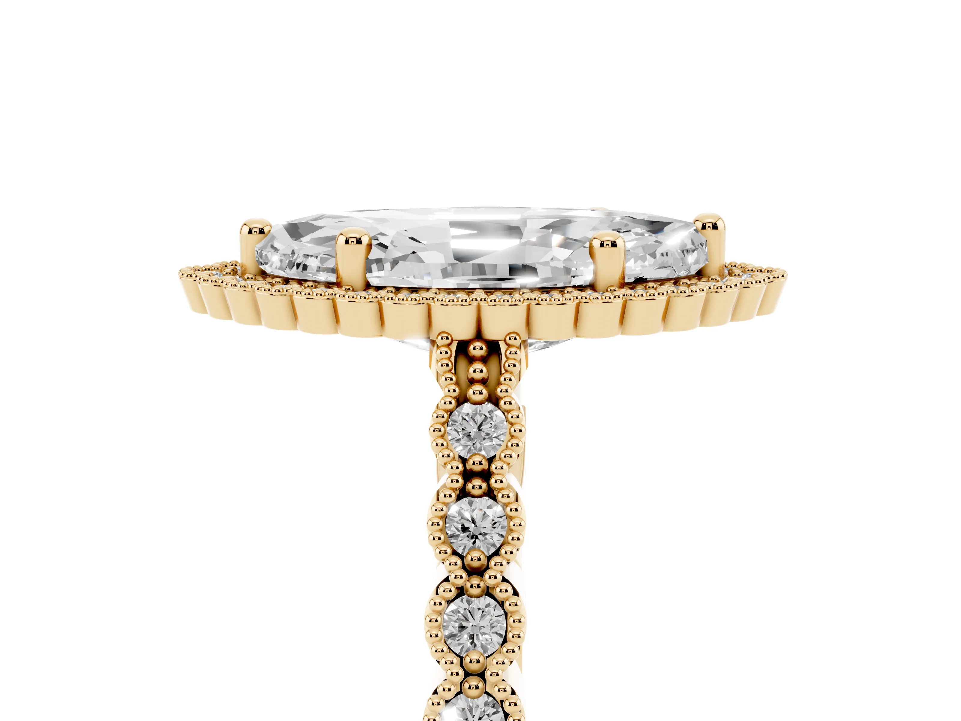 Marquise Cut Diamond Halo Ring Set in Yellow gold with Pavé Milgrain Band