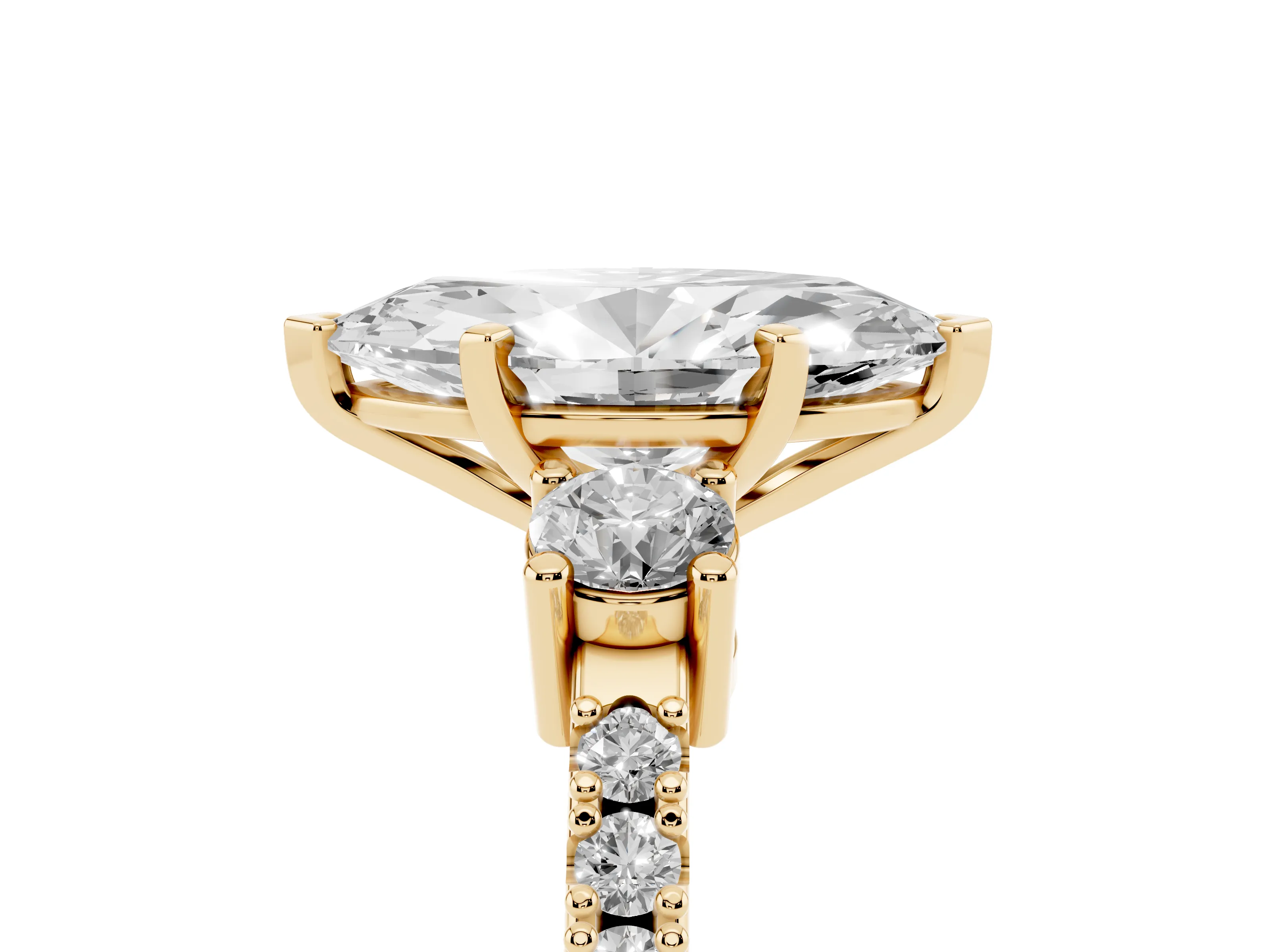Three-Stone Marquise Cut Diamond Pavé Band Ring Set in Yellow gold with Prong Setting