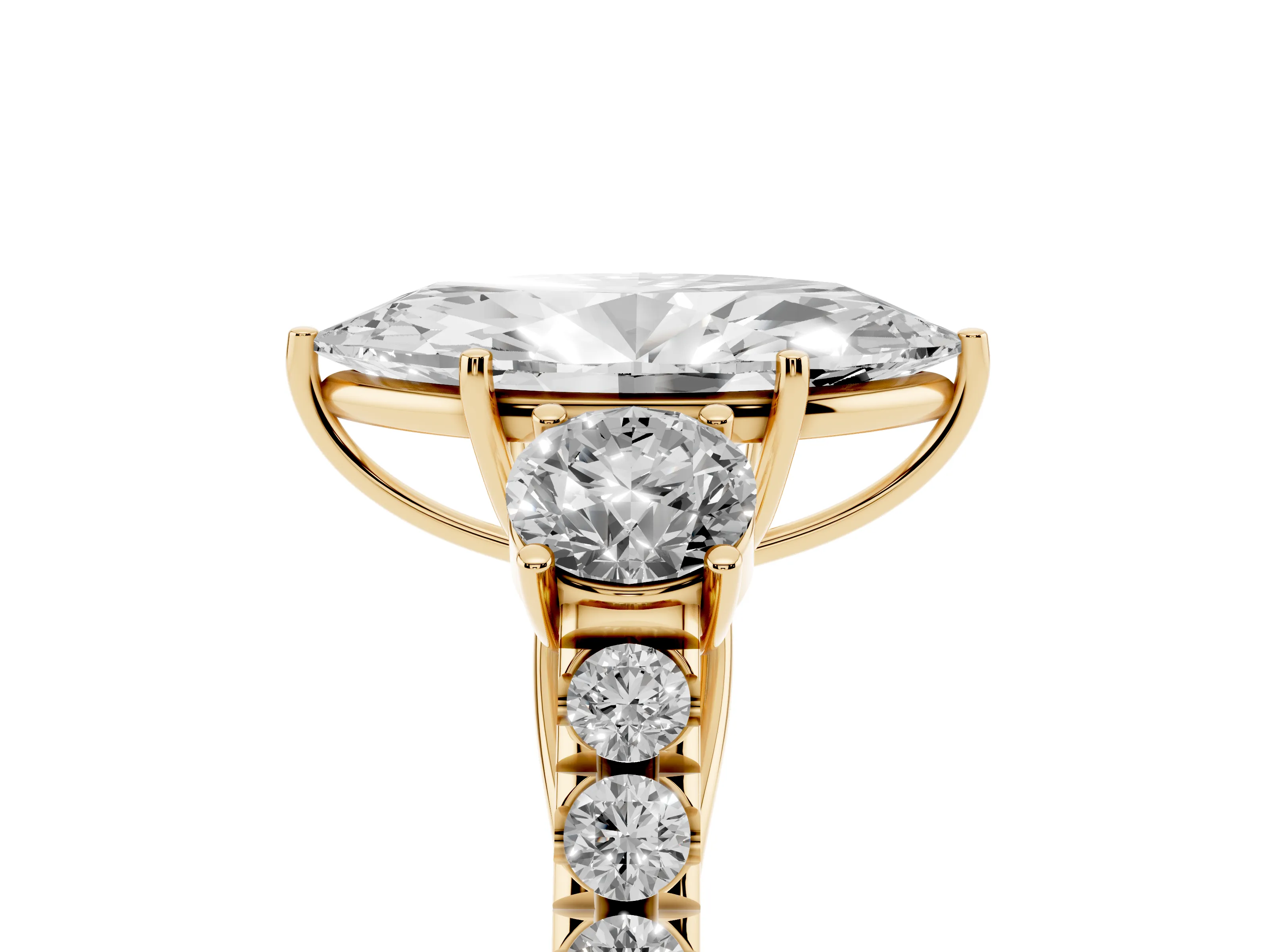 Marquise Cut Diamond Three-Stone Ring Set in Yellow gold with Round Side Stones and Delicate Pavé Band