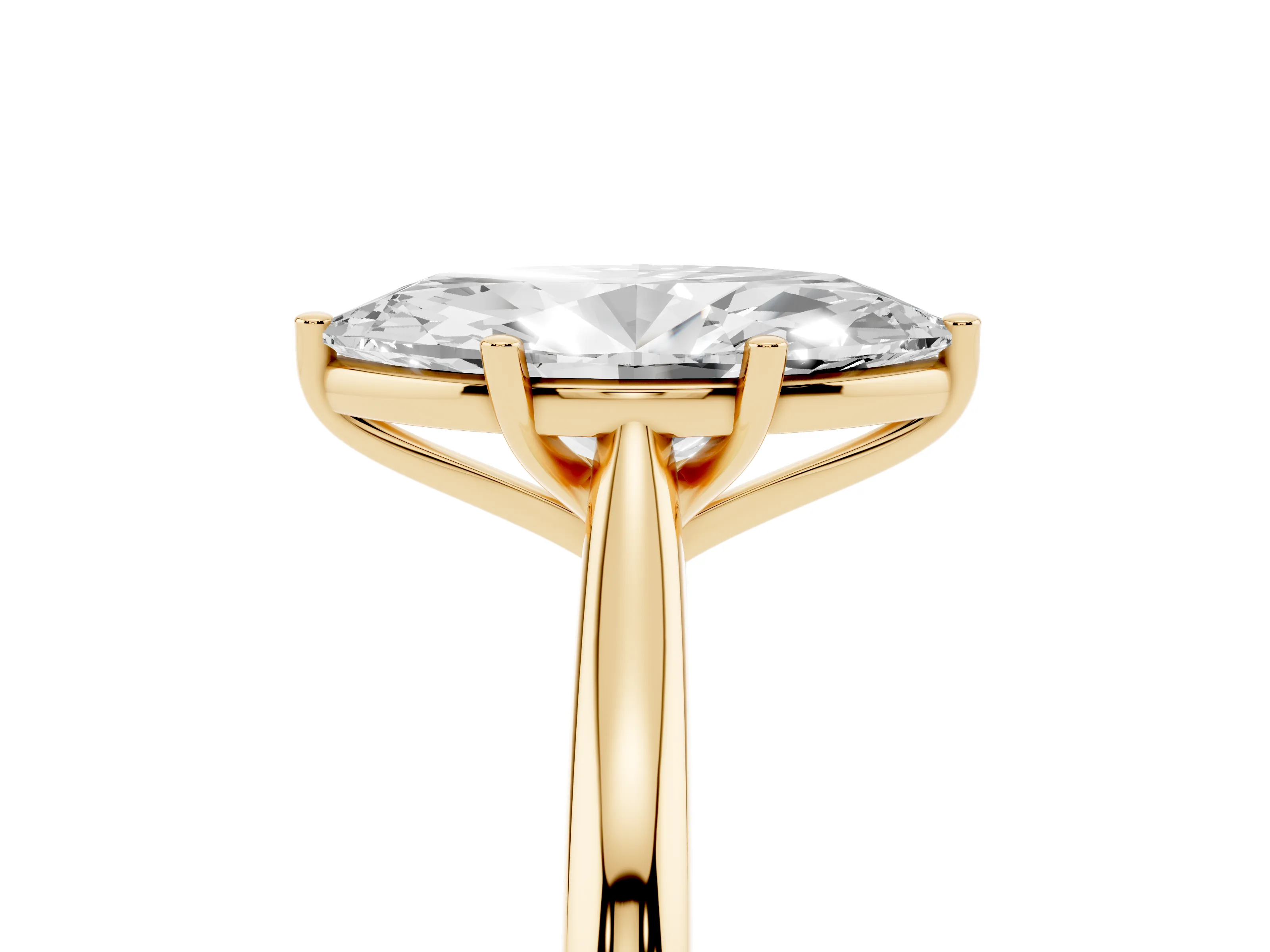 Marquise Cut Diamond Solitaire Ring Set in Yellow gold with Cathedral Band and Prong Setting