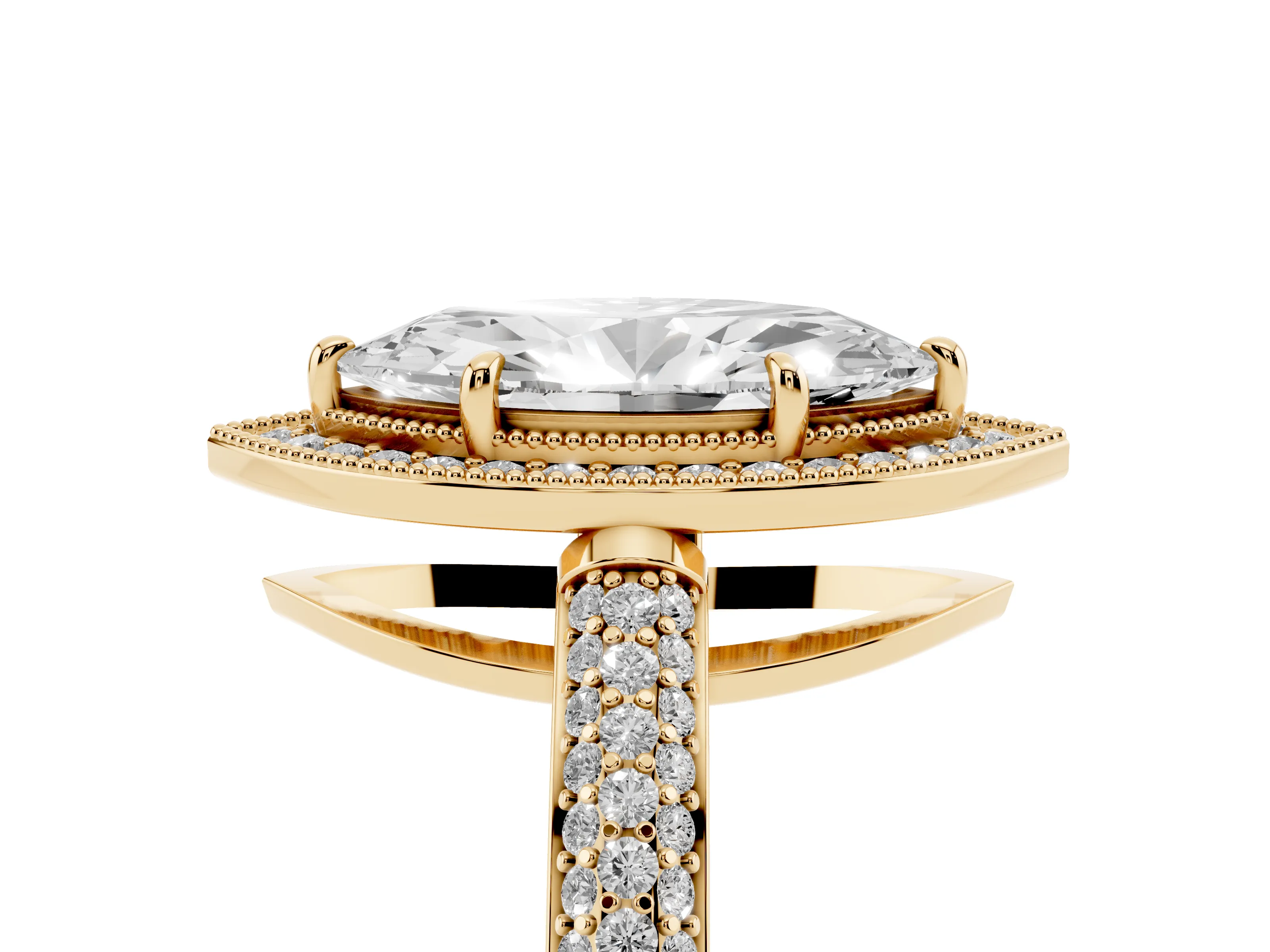 Marquise Cut Diamond Halo Pavé Band Set in Yellow gold with Prong Setting