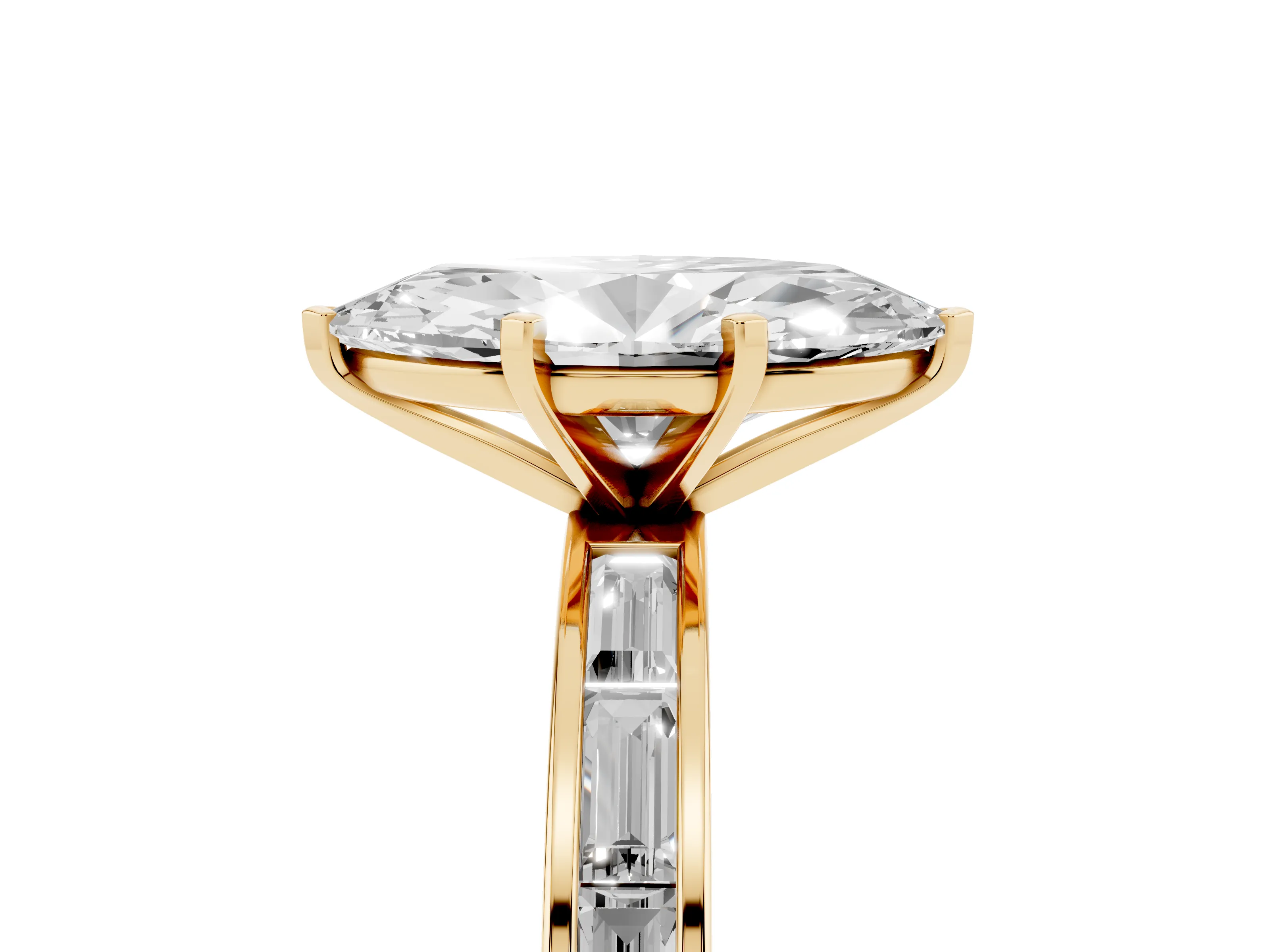 Marquise Cut Diamond Solitaire Ring Set in Yellow gold with Channel-Set Baguette Band and Prong Setting
