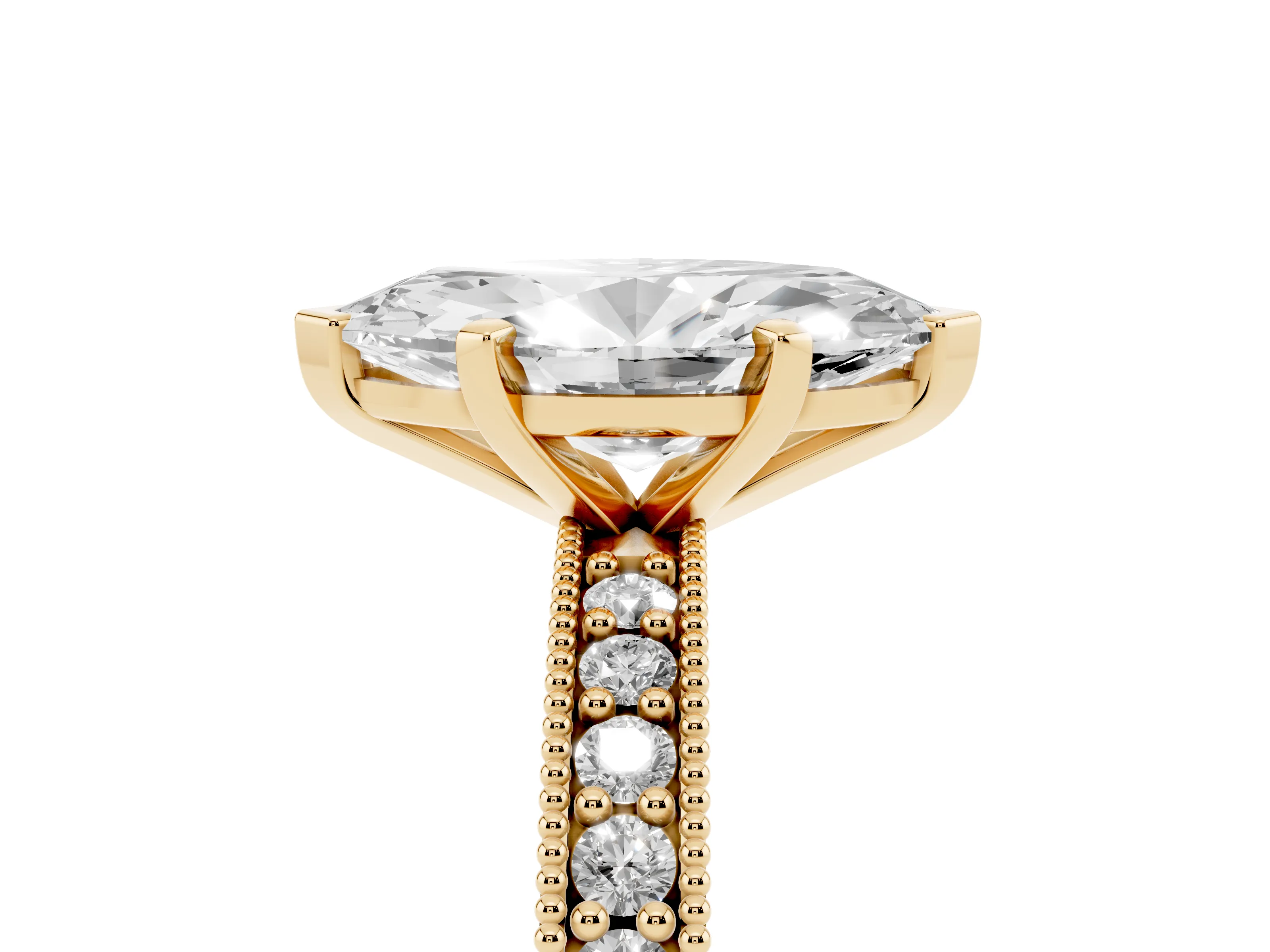 Marquise Cut Diamond Milgrain Pavé Engagement Ring Set in Yellow gold with Prong Setting