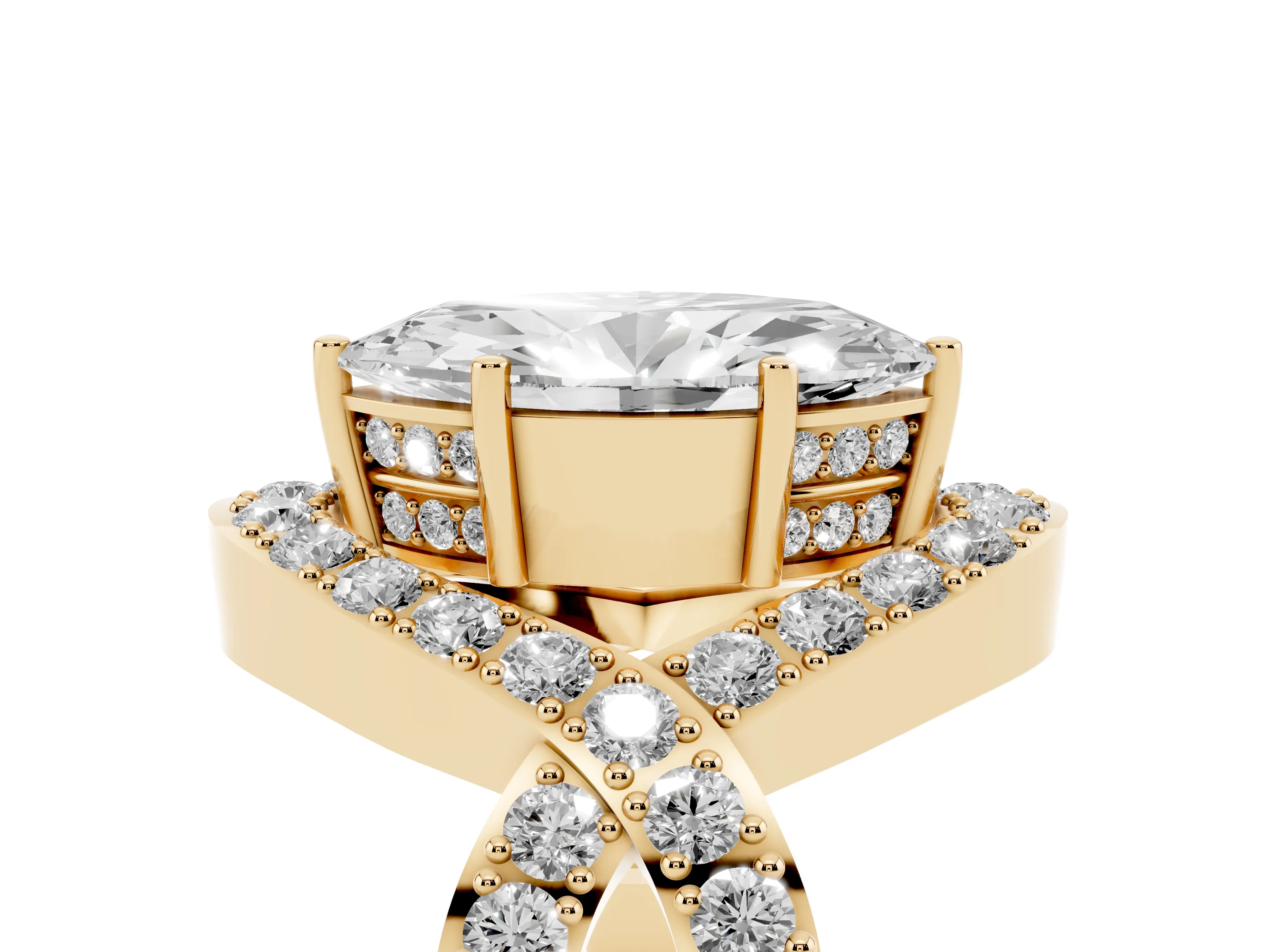 Marquise Cut Diamond Solitaire Twist Band Pavé Engagement Ring Set in Yellow gold