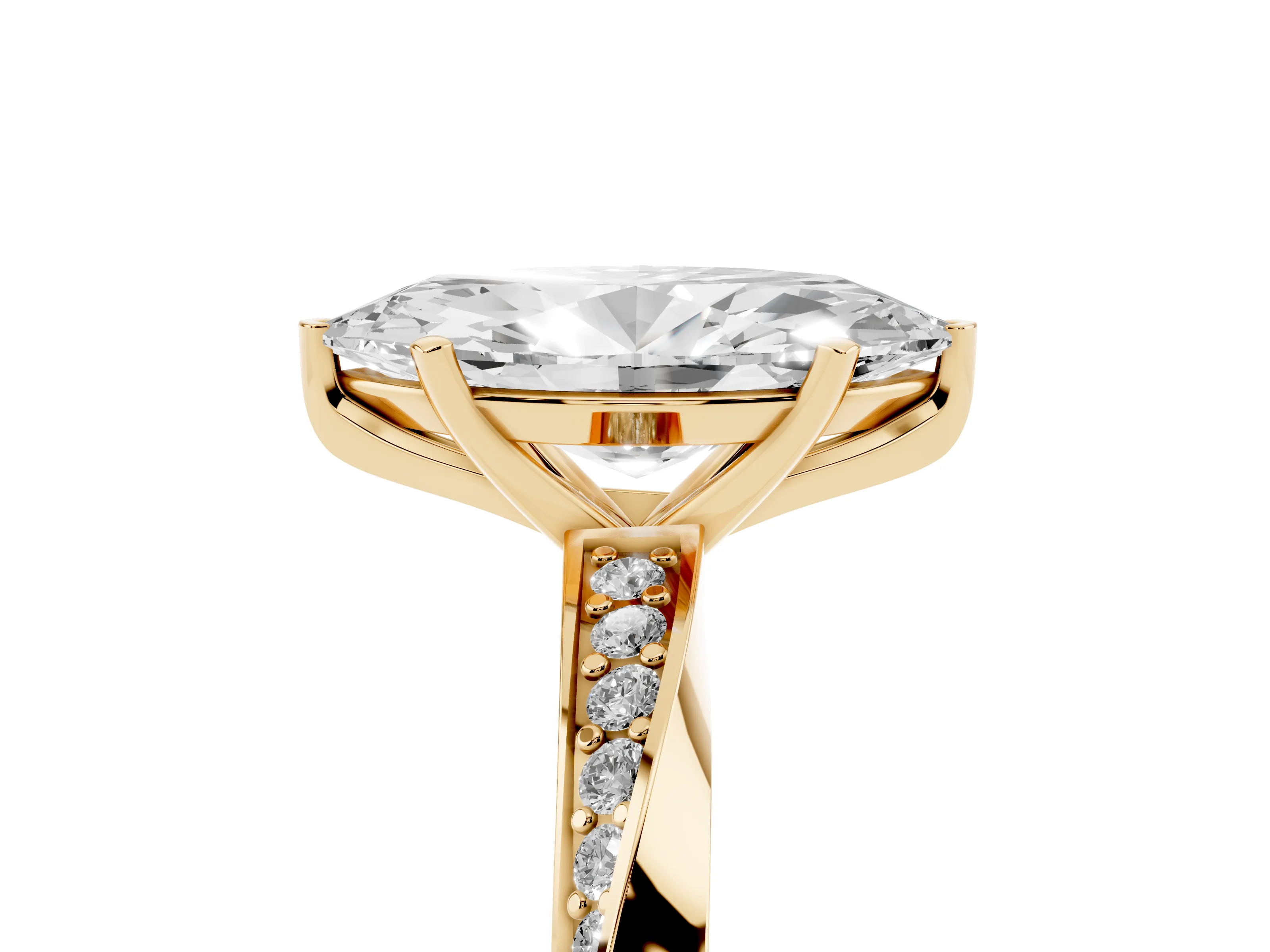 Marquise Cut Diamond Engagement Ring Set in Yellow gold with Side Stone Accents and Prong Setting