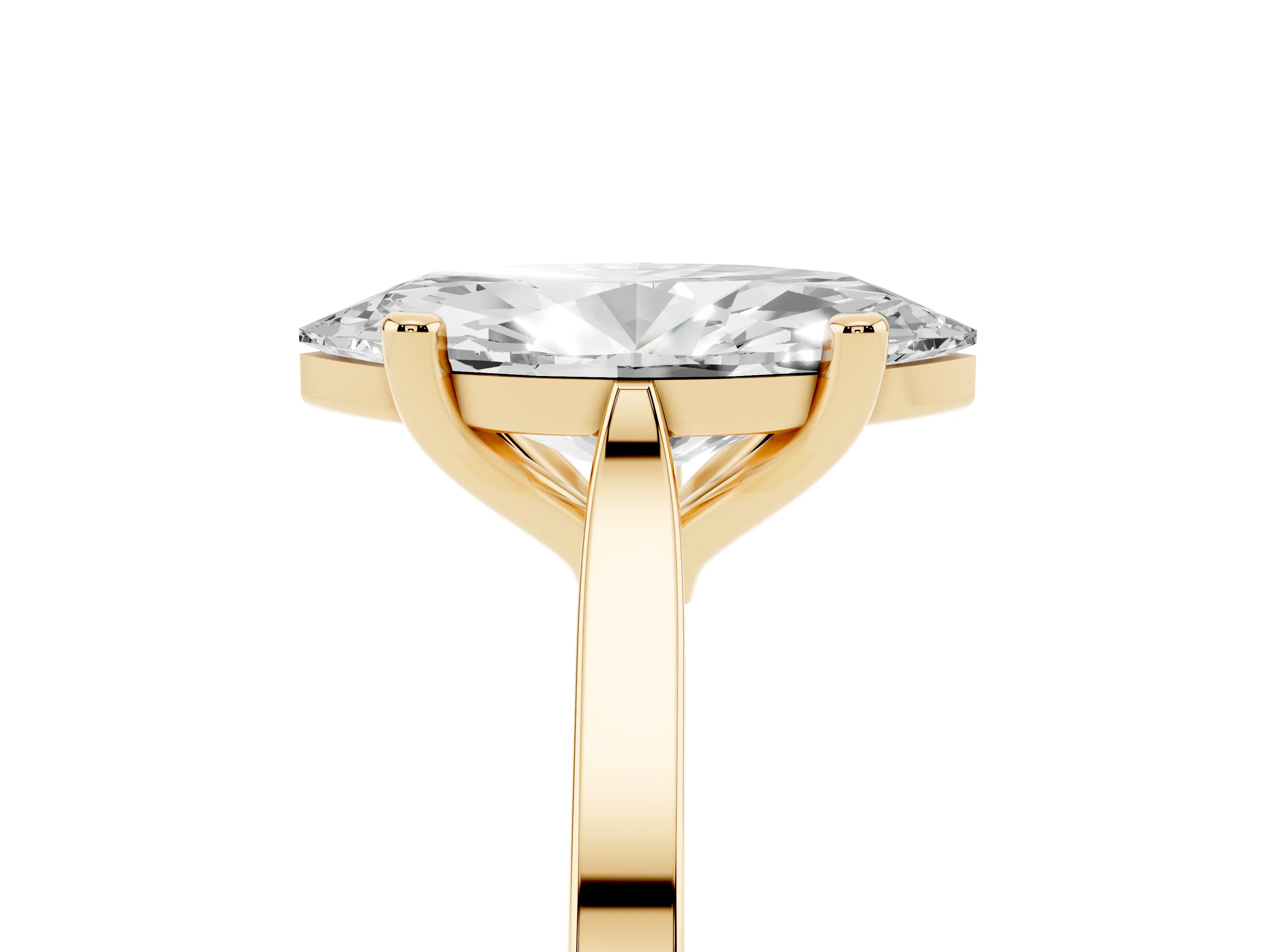 Marquise Cut Diamond Solitaire Ring Set in Yellow gold with Prong Setting and Tapered Band