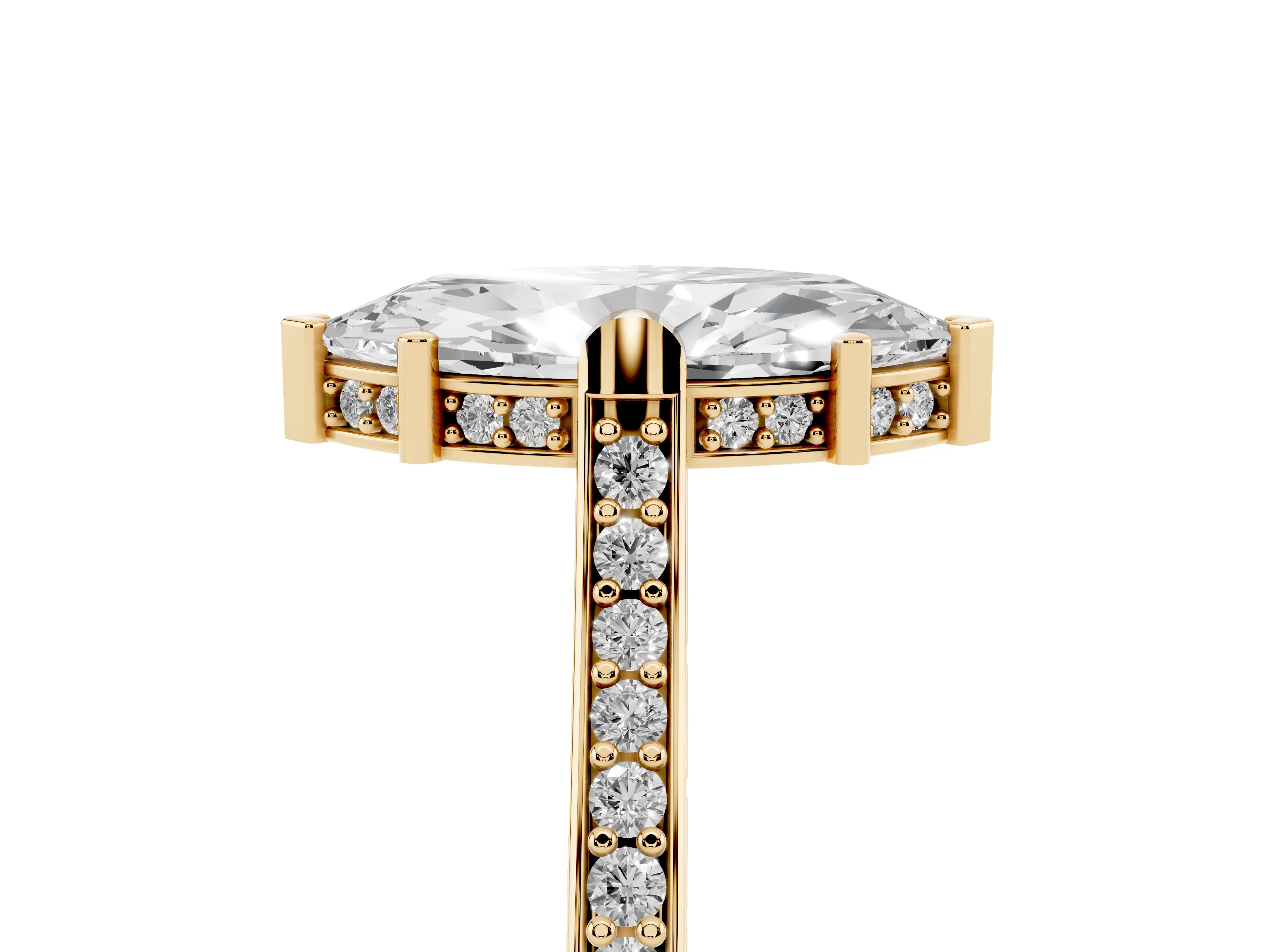 Marquise Cut Diamond Solitaire Ring Set in Yellow gold with Channel Set Band and Bezel Prong Setting