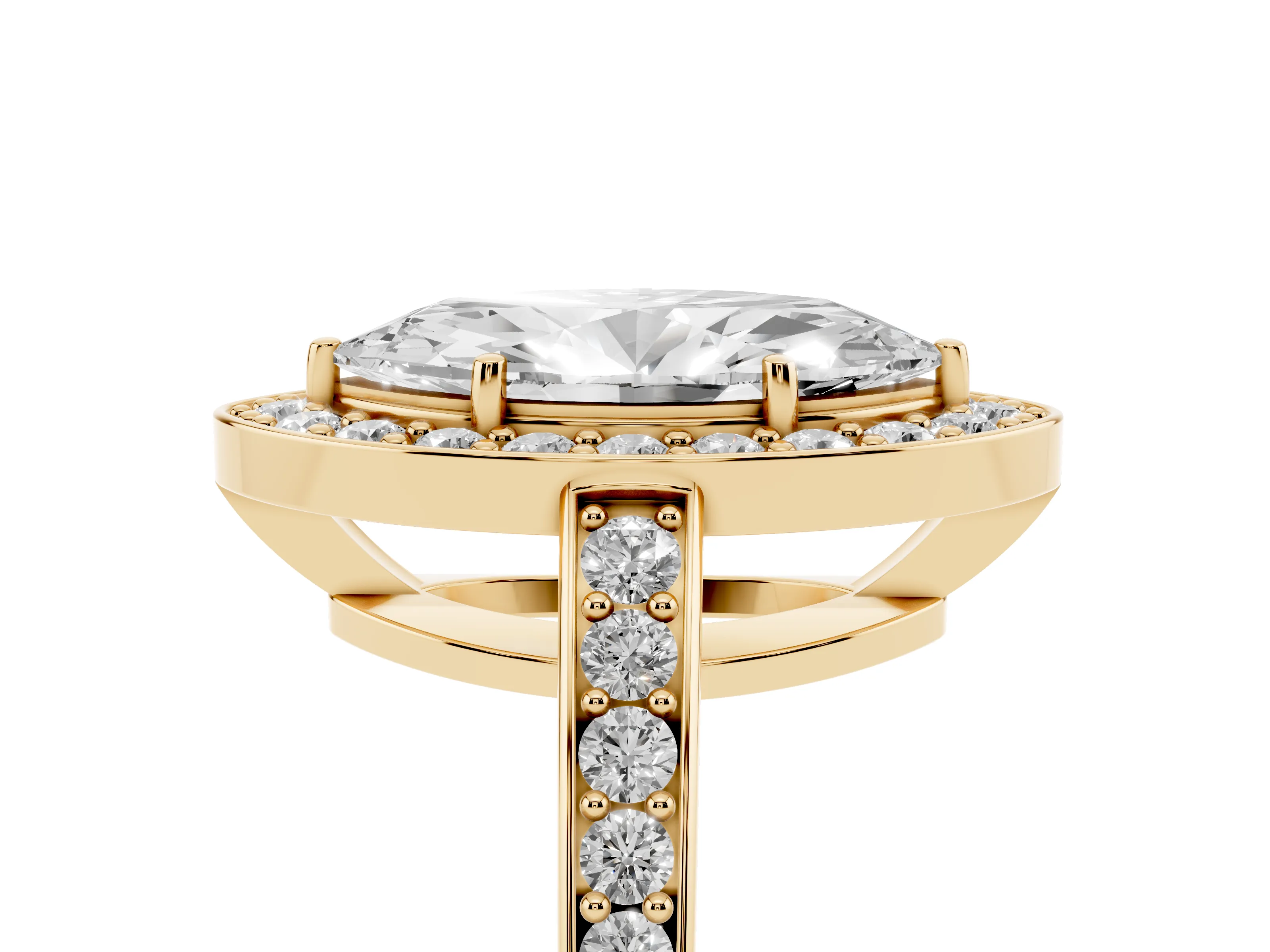 Marquise Cut Diamond Halo Pavé Engagement Ring Set in Yellow gold with Bezel Setting