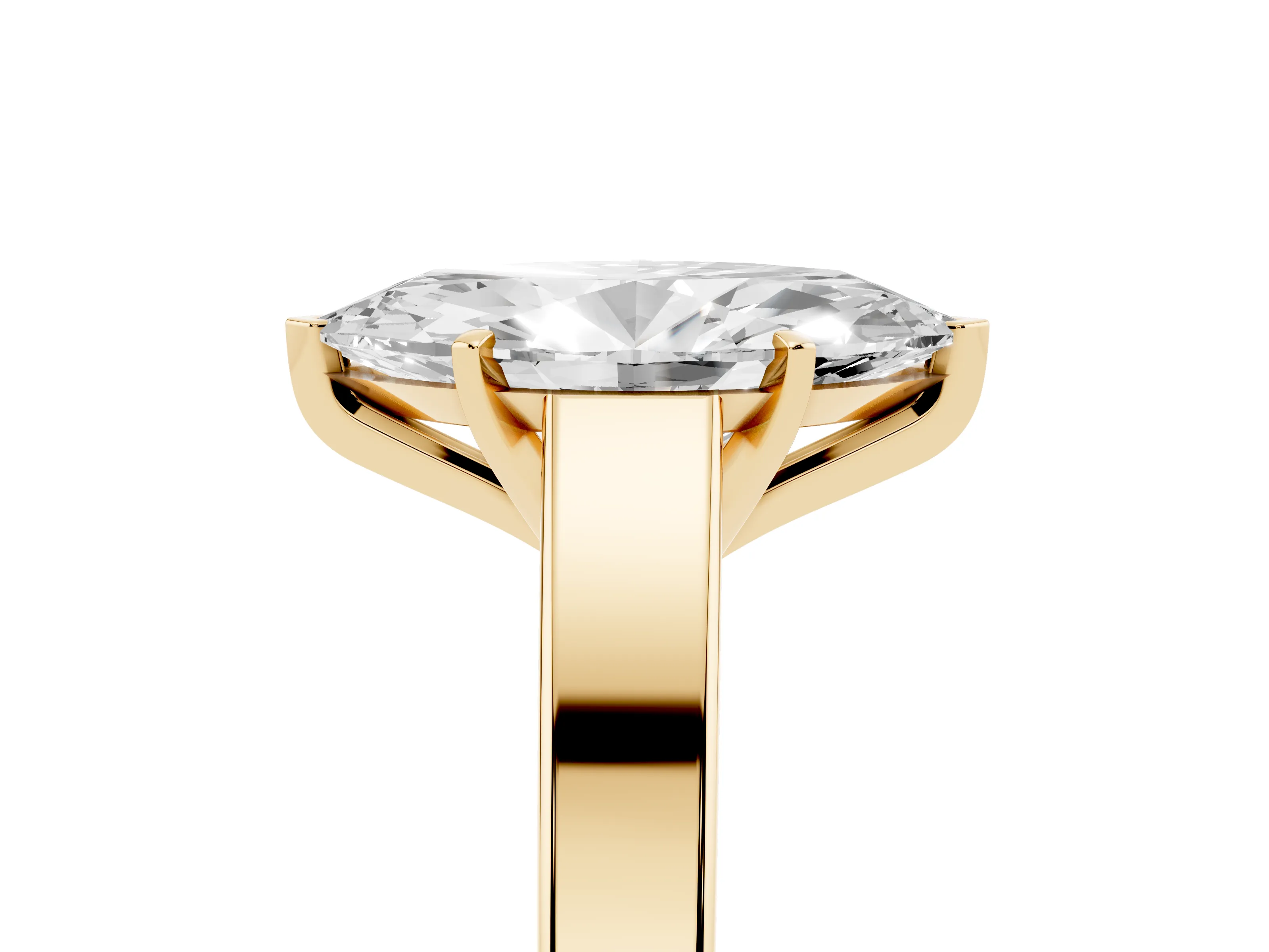 Marquise Cut Diamond Solitaire Engagement Ring Set in Yellow gold with Prong Setting and Tapered Band