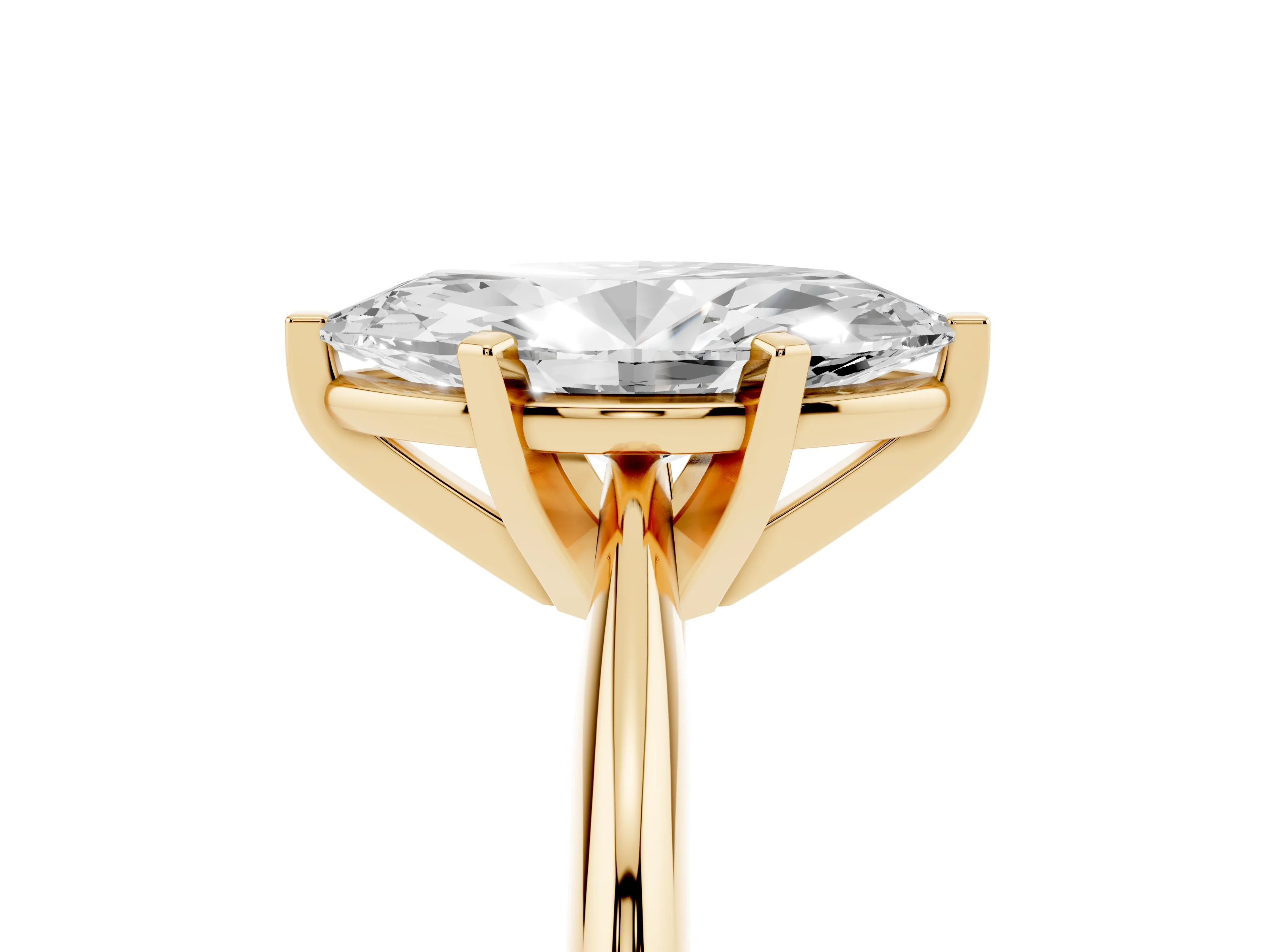Marquise Cut Diamond Solitaire Ring Set in Yellow gold with Prong Setting on a Plain Round Band