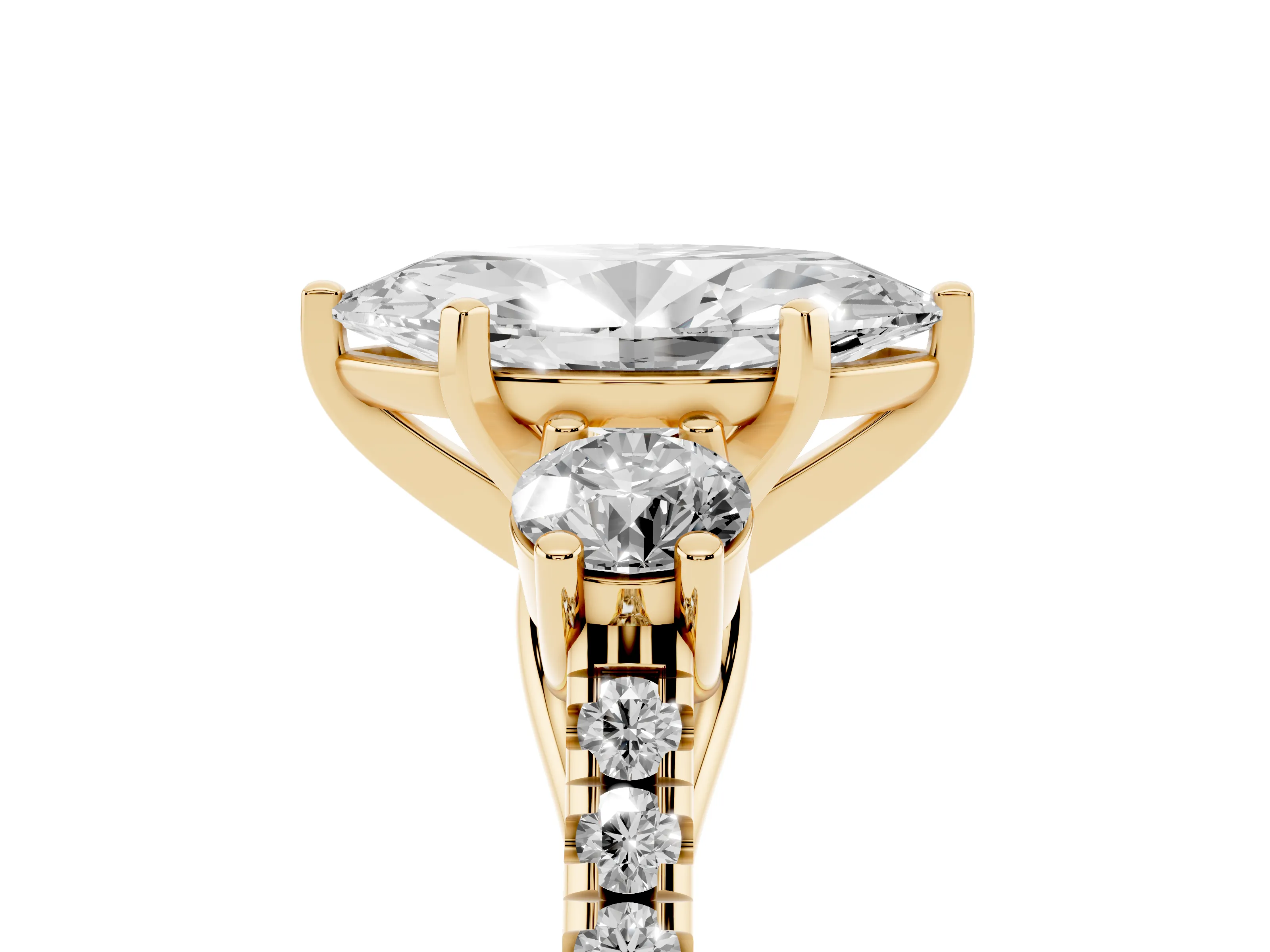 Three-Stone Marquise Cut Diamond Pavé Band Ring Set in Yellow gold with Prong-Set Trio