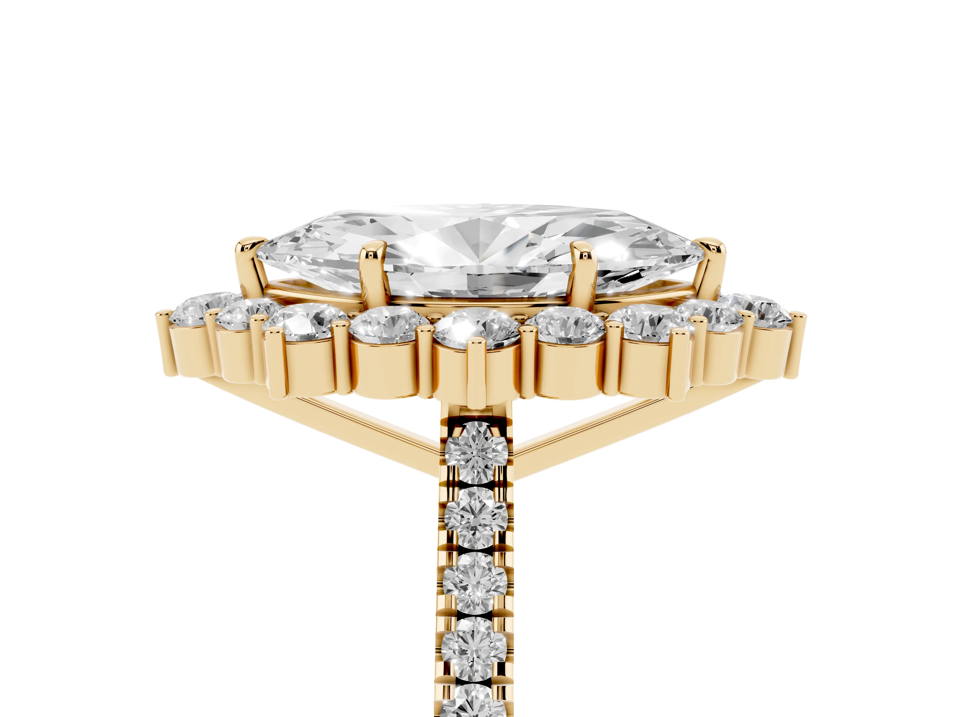 Marquise Cut Diamond Halo Ring Set in Yellow gold with Pavé Band and Prong Setting
