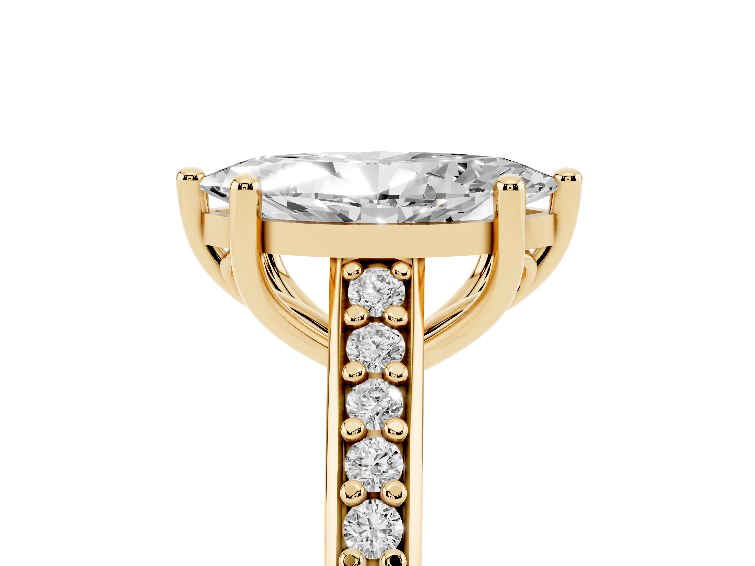 Marquise Cut Diamond Prong Set Solitaire Engagement Ring Set in Yellow gold with Pavé Band